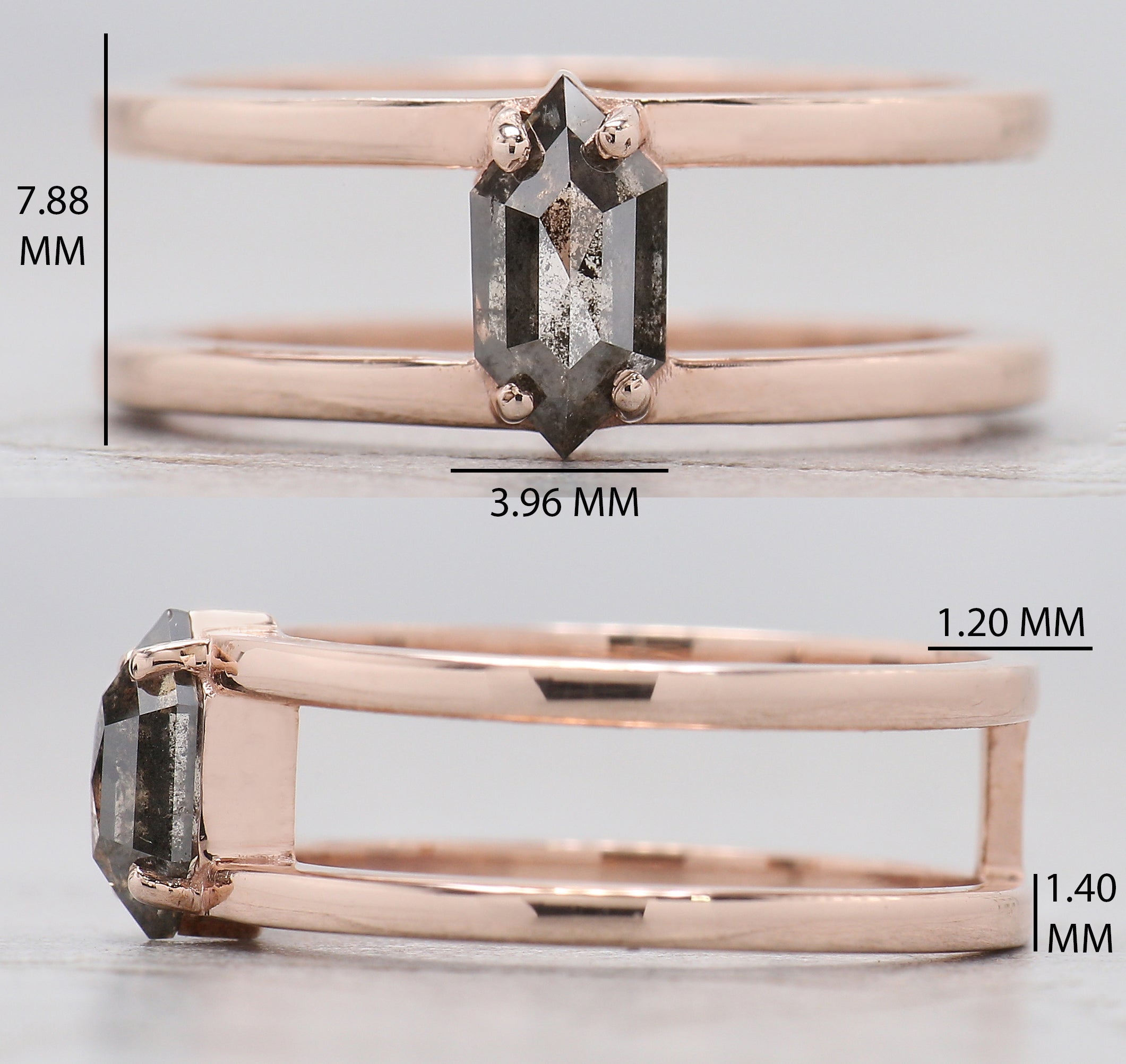 Hexagon Cut Salt And Pepper Diamond Ring 0.61 Ct 7.64 MM Hexagon Cut Diamond Ring 14K Rose Gold Silver Engagement Ring Gift For Her QL9458