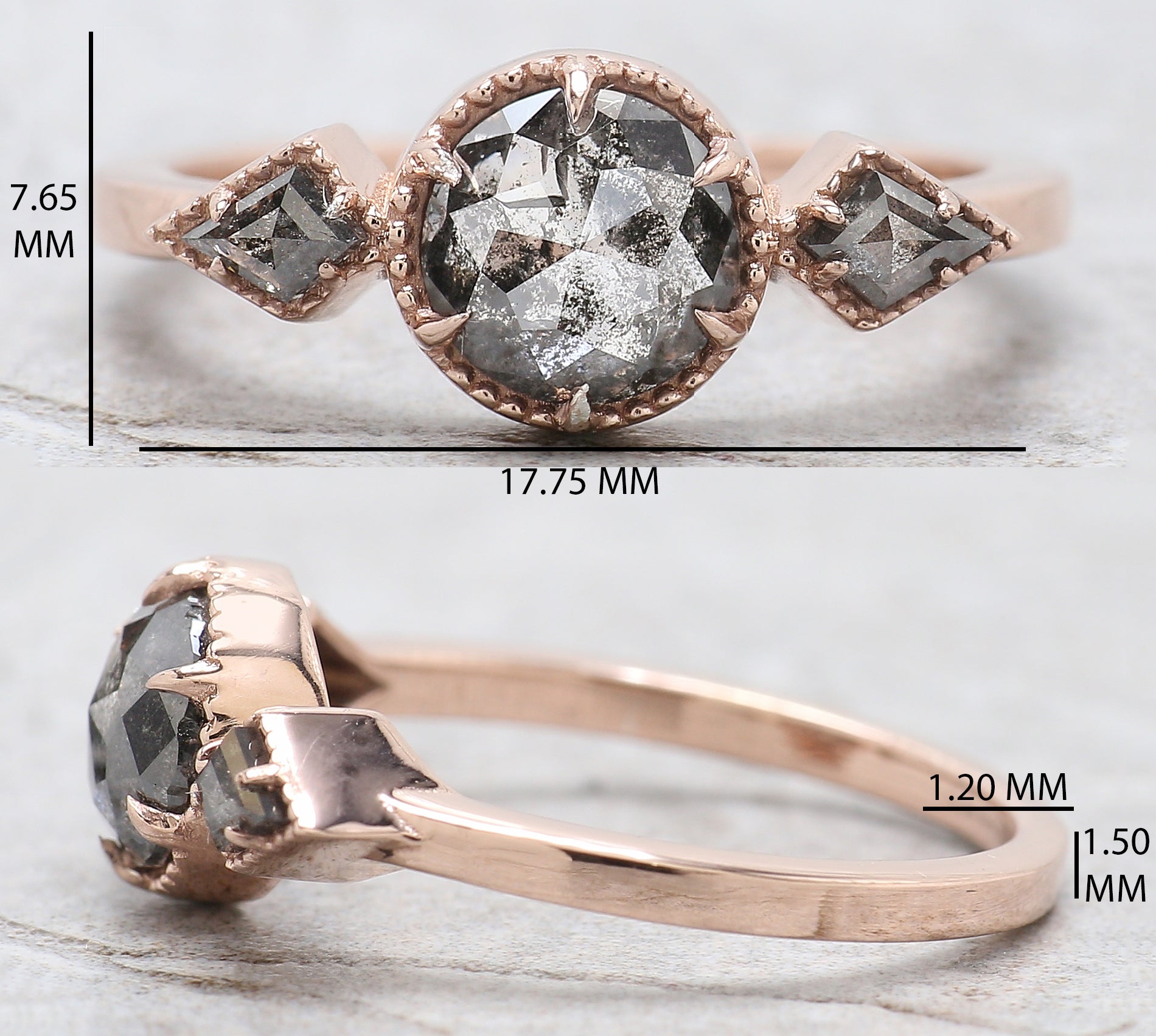 Round Rose Cut Salt And Pepper Diamond Ring 1.08 Ct 6.35 MM Round Diamond Ring 14K Rose Gold Silver Engagement Ring Gift For Her QL1402