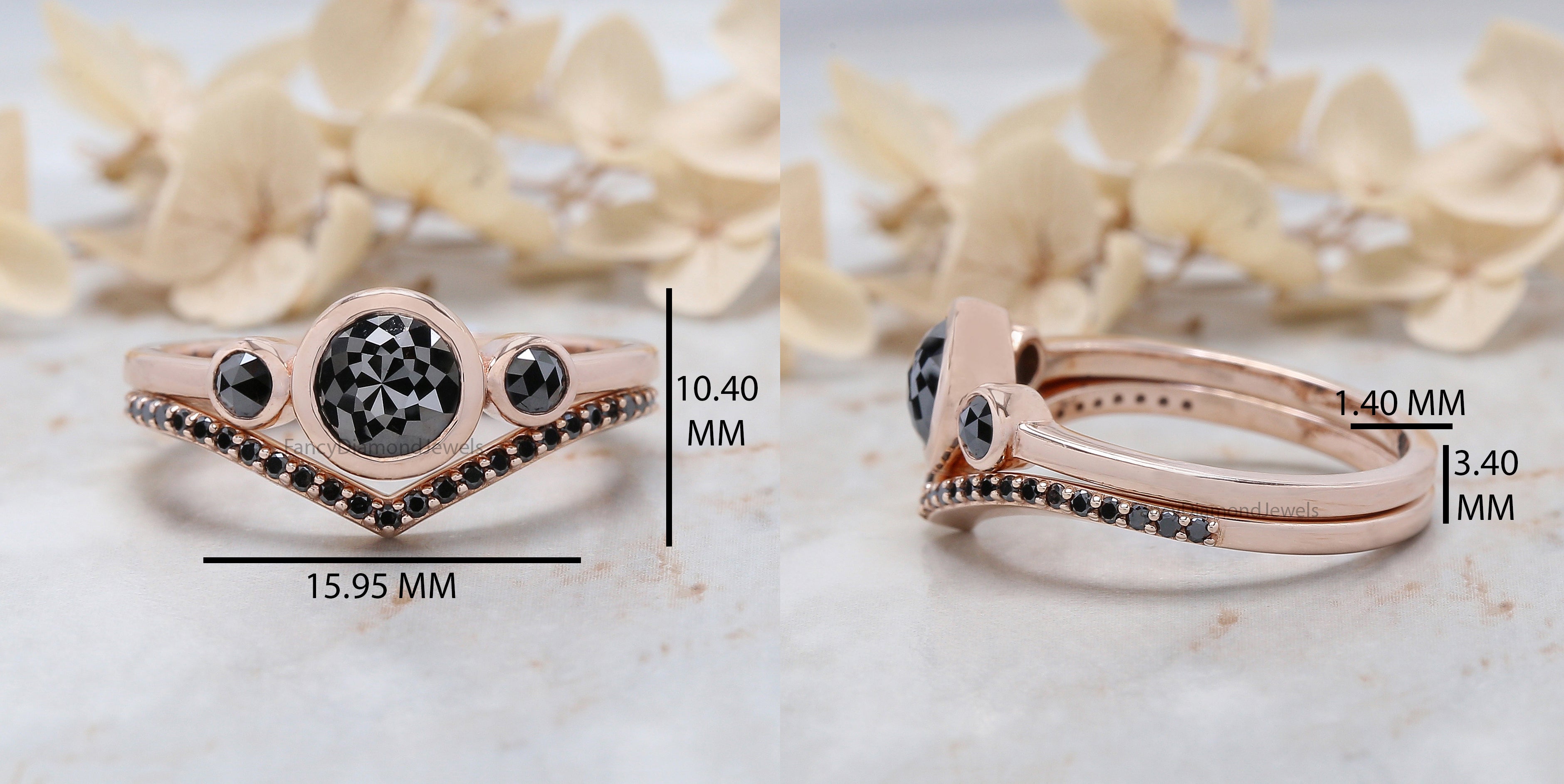 Round Rose Cut Black Color Diamond Ring 1.07 Ct 6.55 MM Round Shape Diamond Ring 14K Rose Gold Silver Engagement Ring Gift For Her QL3031