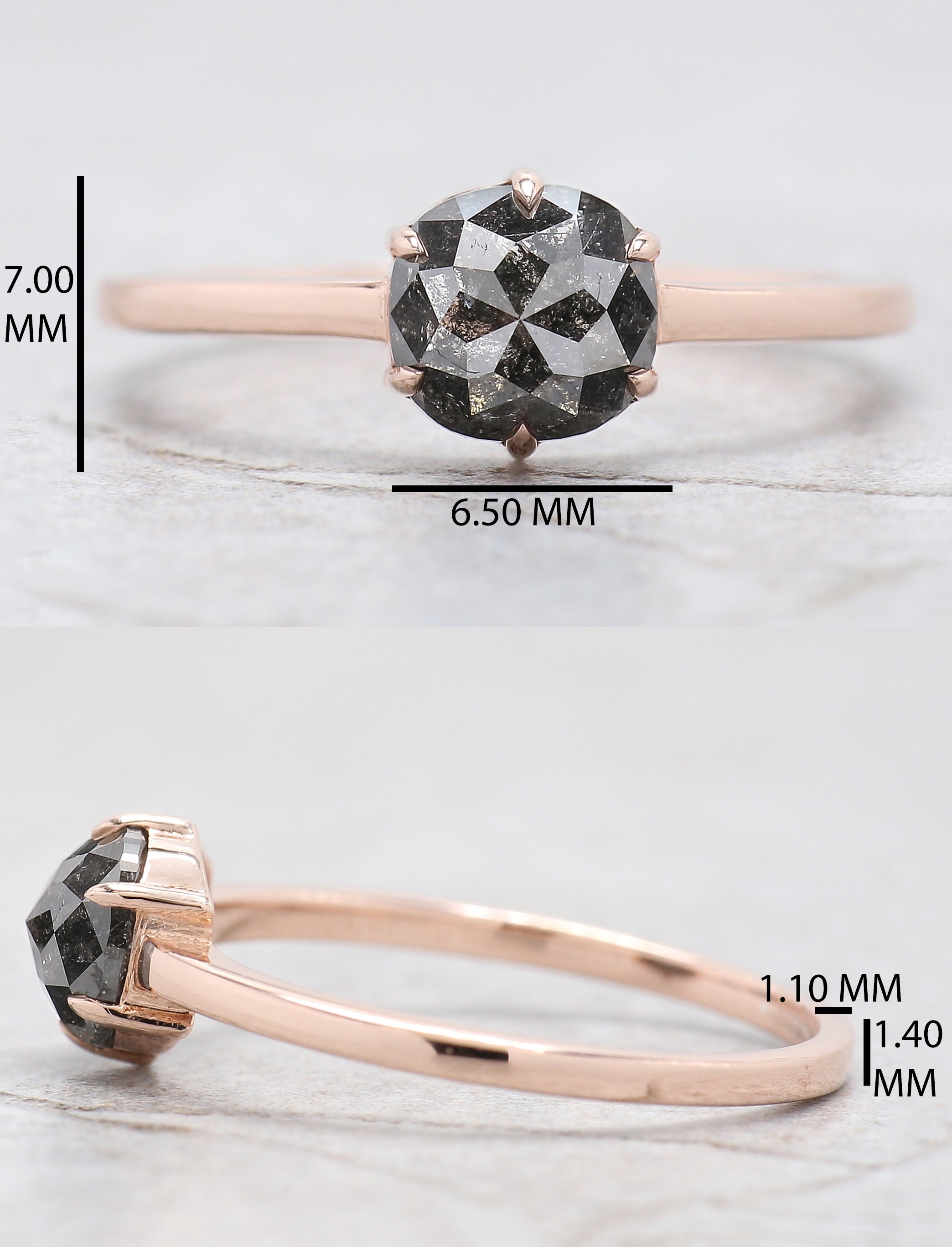 Cushion Cut Salt And Pepper Diamond Ring 1.20 Ct 6.30 MM Cushion Diamond Ring 14K Solid Rose Gold Silver Engagement Ring Gift For Her QN918