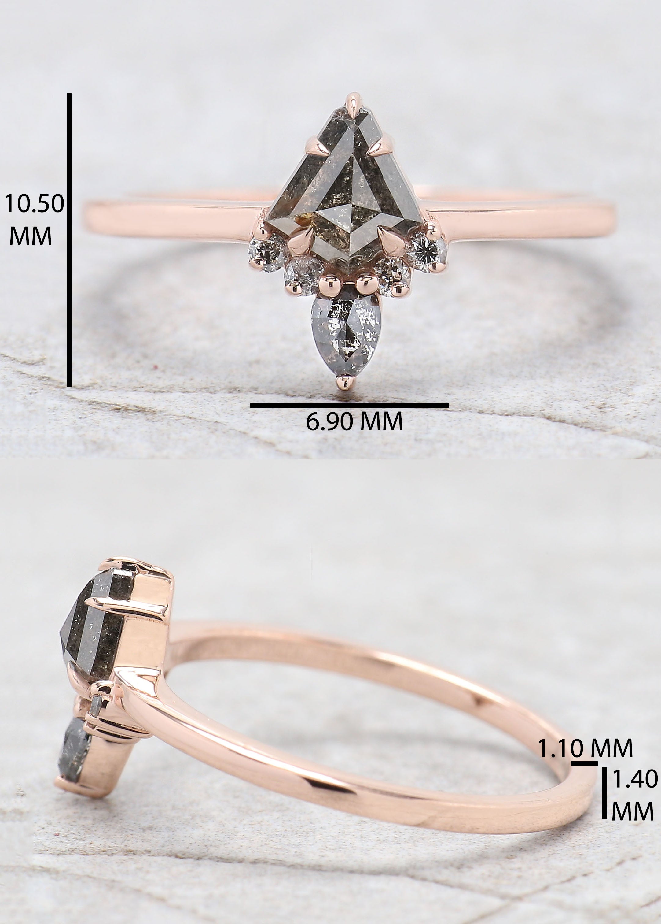 Kite Cut Salt And Pepper Diamond Ring 0.53 Ct 5.95 MM Kite Diamond Ring 14K Solid Rose Gold Silver Kite Engagement Ring Gift For Her QL8812
