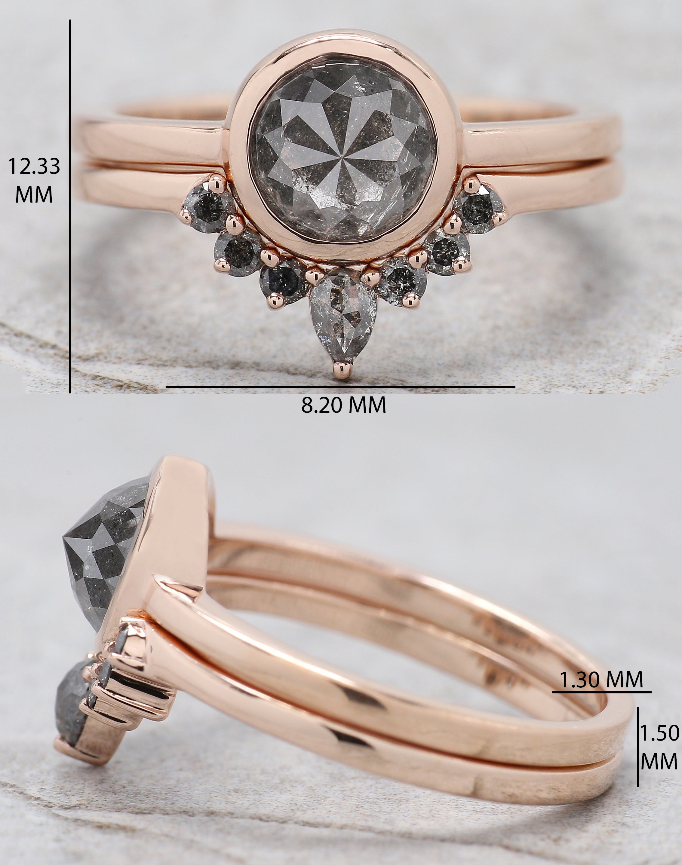 Round Rose Cut Salt And Pepper Diamond Ring 1.54 Ct 6.73 MM Round Diamond Ring 14K Rose Gold Silver Engagement Ring Gift For Her QL1917