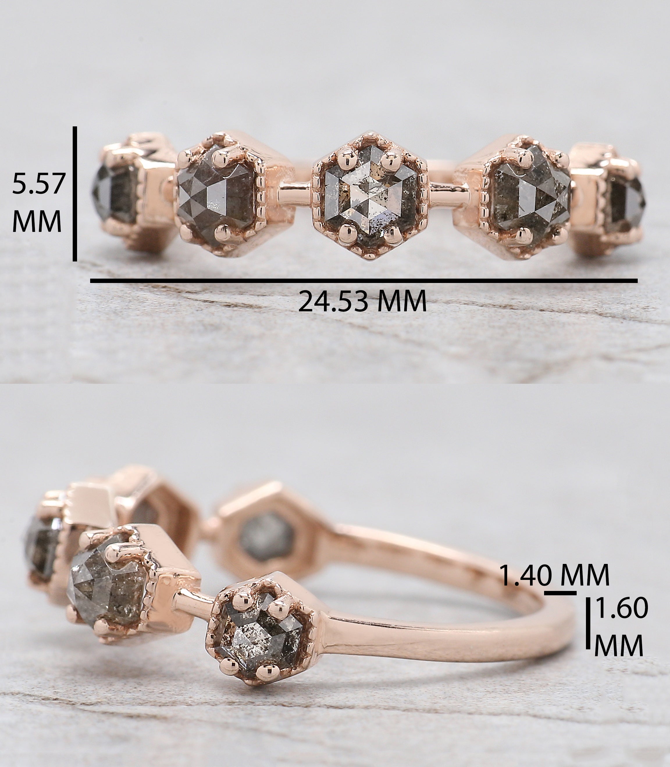 Hexagon Cut Salt And Pepper Diamond Ring 1.24 Ct 3.60 MM Hexagon Cut Diamond Ring 14K Rose Gold Silver Engagement Ring Gift For Her QL7558