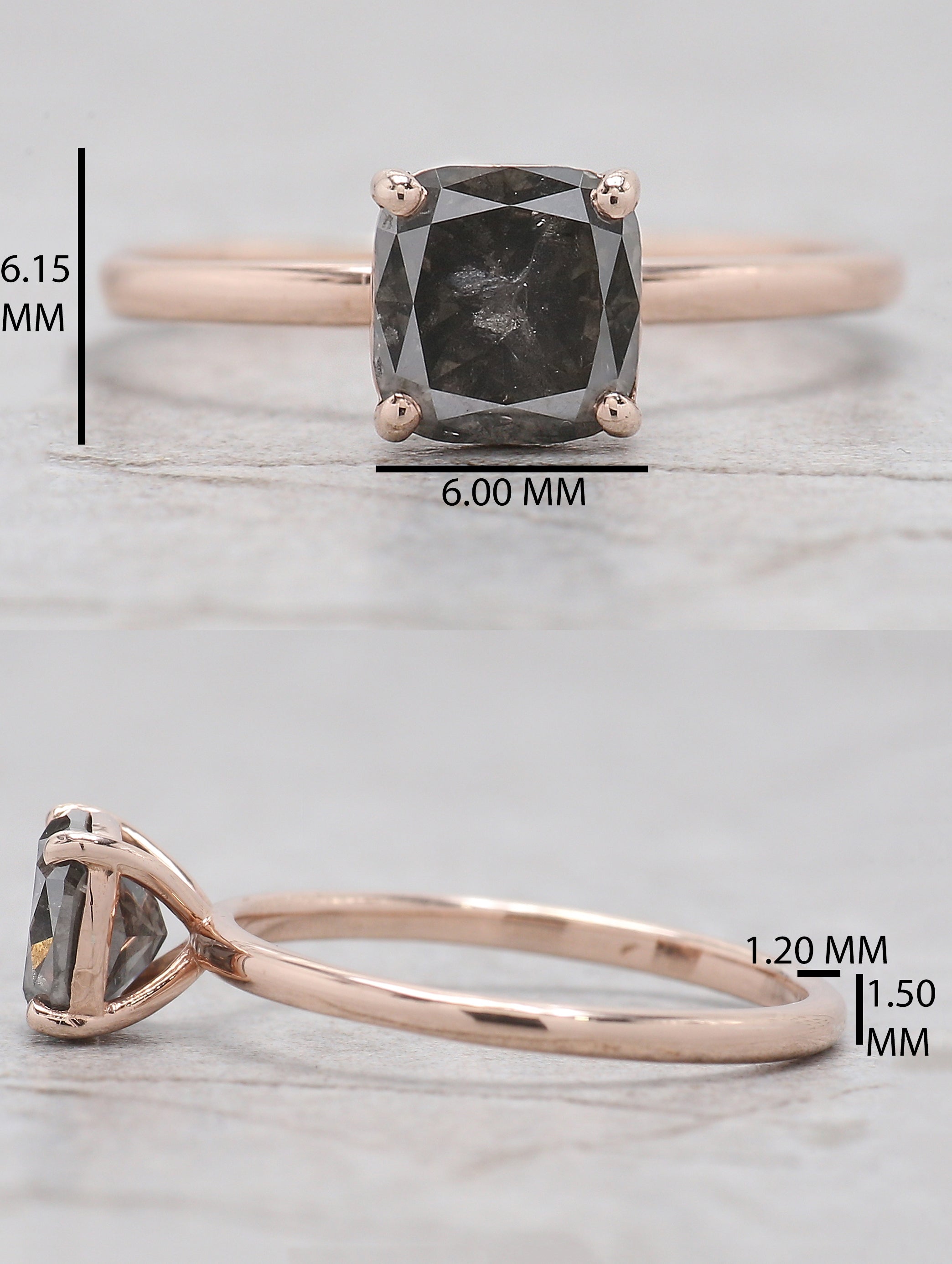 Cushion Cut Salt And Pepper Diamond Ring 1.31 Ct 6.05 MM Cushion Diamond Ring 14K Solid Rose Gold Silver Engagement Ring Gift For Her QL1905