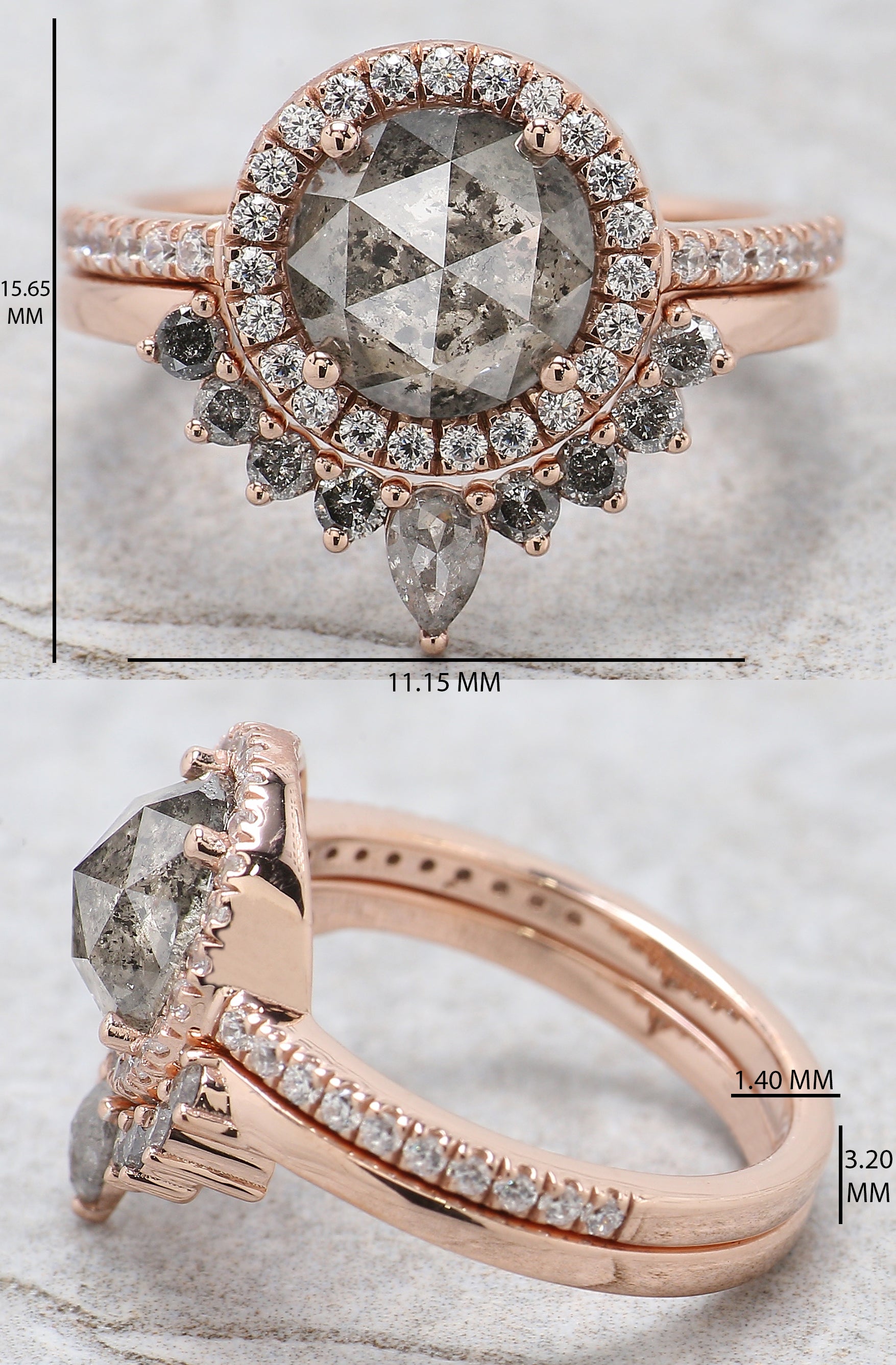 Round Rose Cut Salt And Pepper Diamond Ring 1.83 Ct 7.75 MM Round Rose Diamond Ring 14K Rose Gold Silver Engagement Ring Gift For Her QL2188