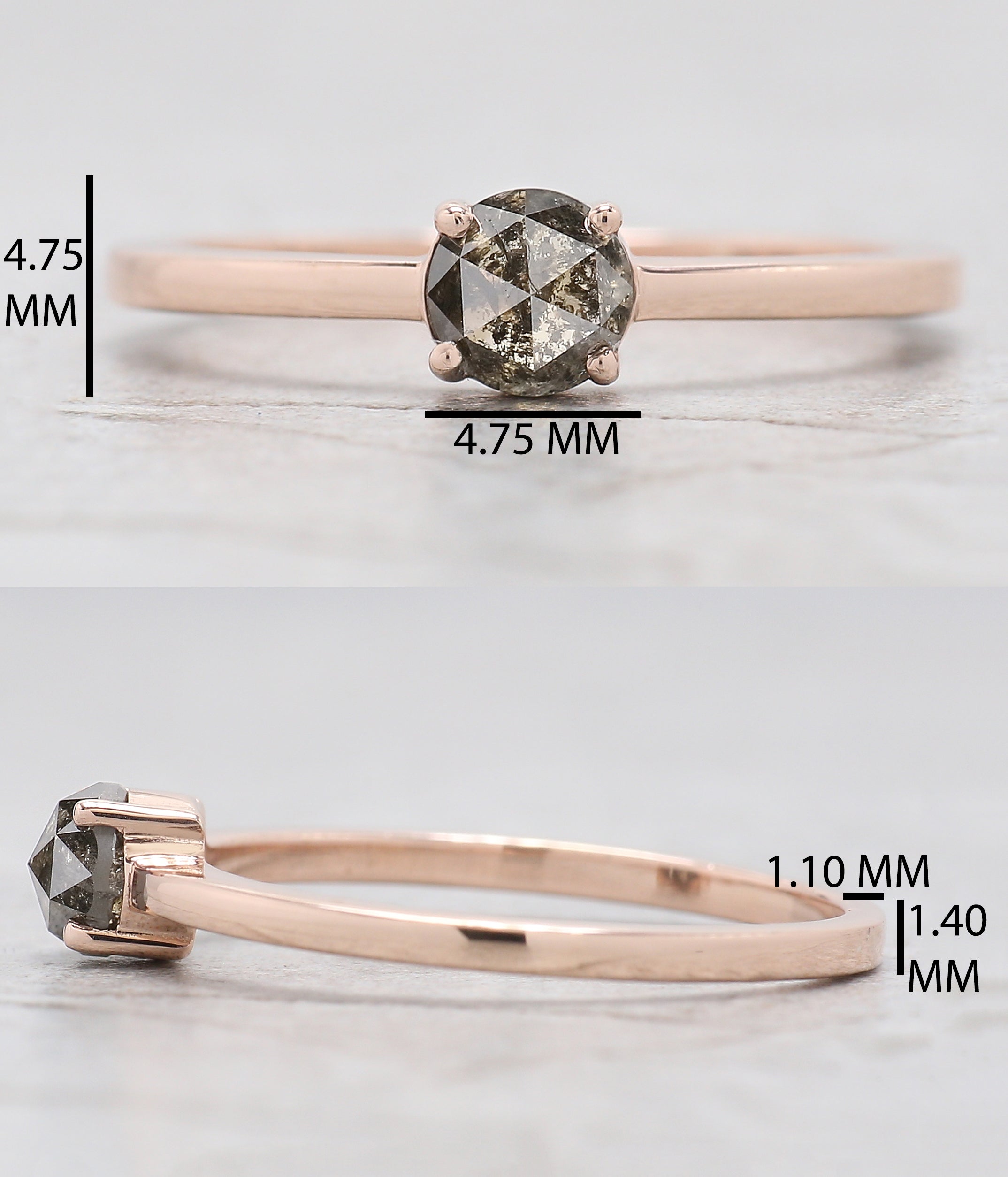 Round Rose Cut Salt And Pepper Diamond Ring 0.53 Ct 4.60 MM Round Shape Diamond Ring 14K Rose Gold Silver Engagement Ring Gift For Her QL7404