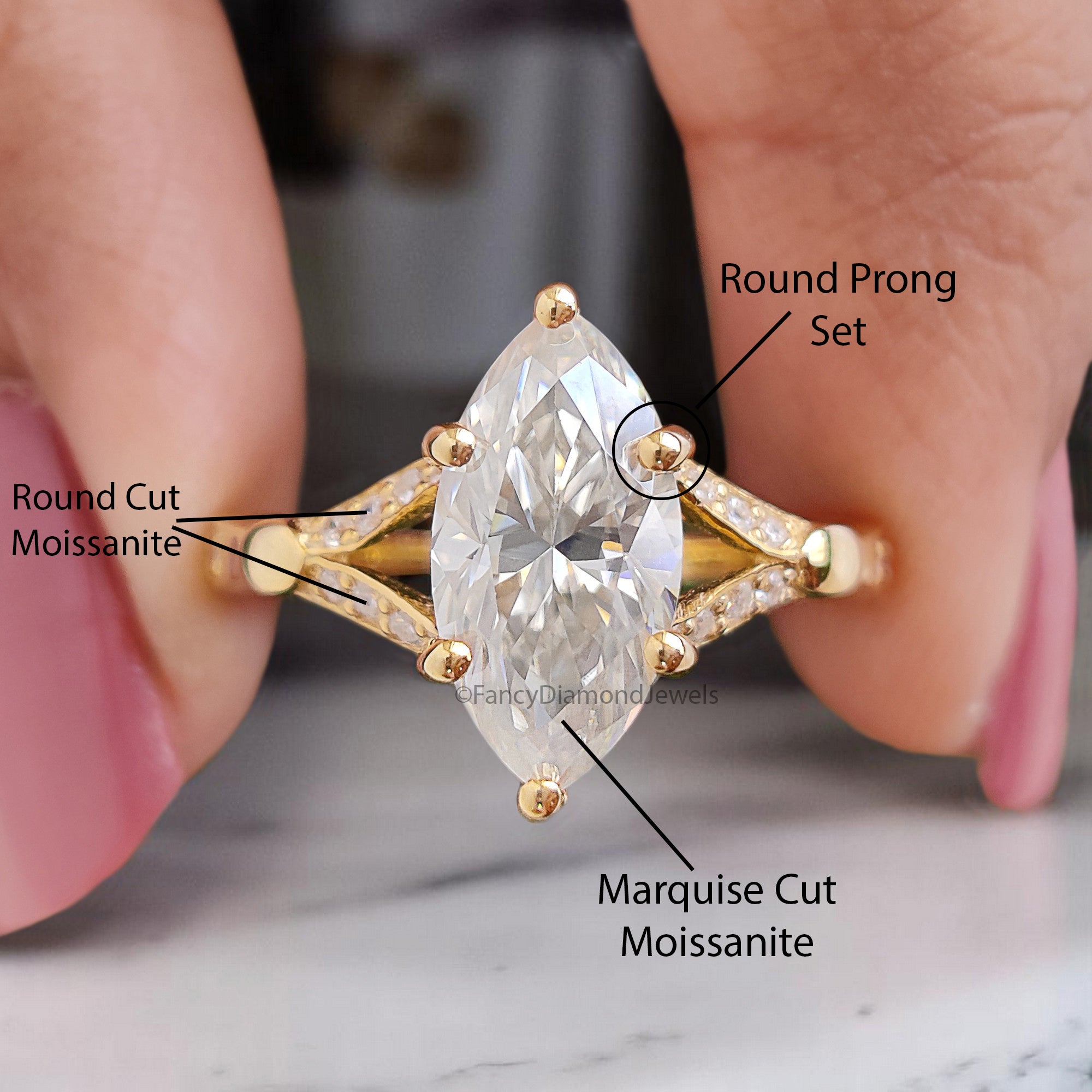 1.75 CT Marquise Cut Moissanite Engagement Ring Split Band Ring Bridal Ring Prong Set Ring Wedding Ring Yellow Gold Ring Promise Ring FD363