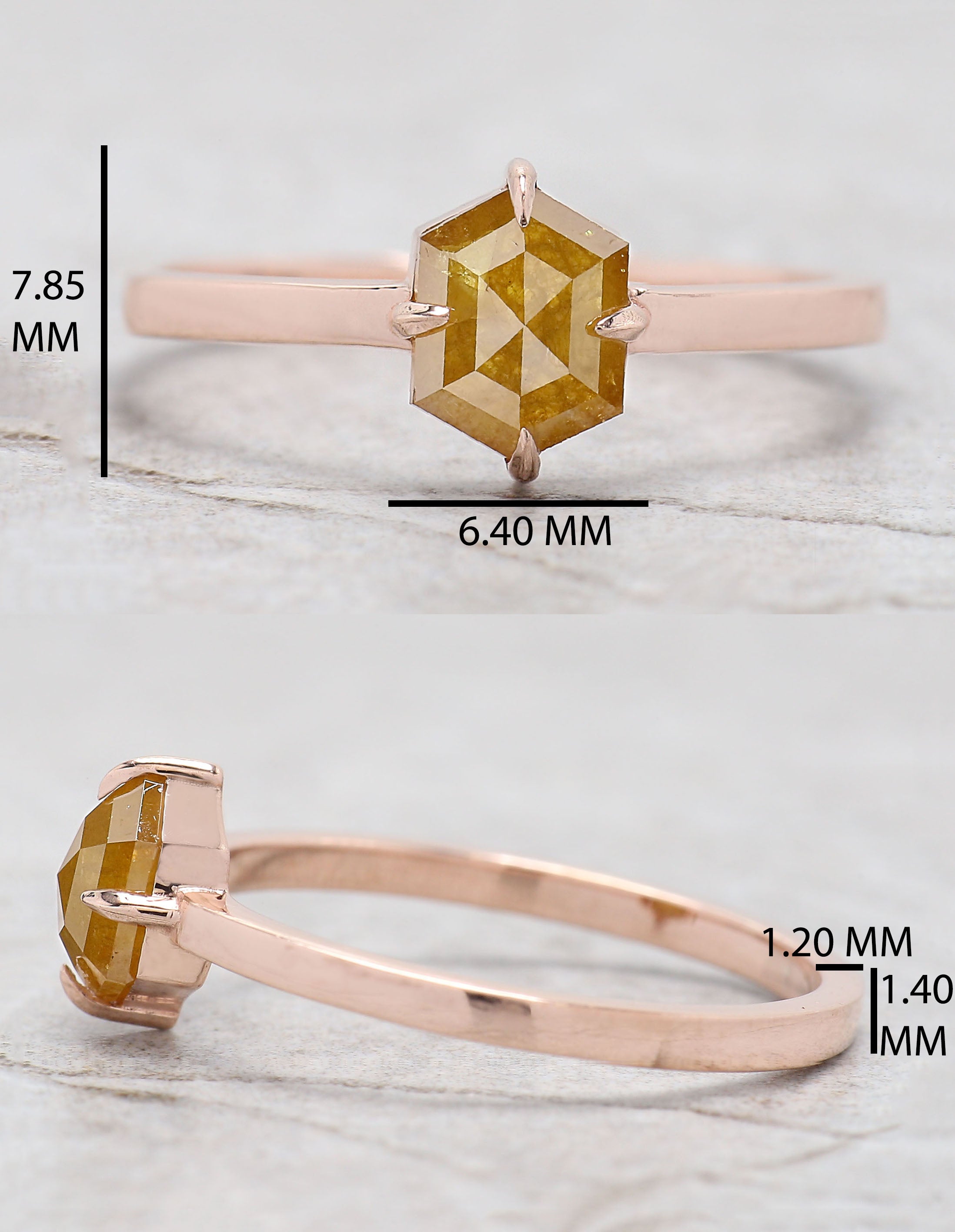 0.90 Ct Natural Hexagon Cut Yellow Color Diamond Ring 6.75 MM Hexagon Shape Diamond Ring 14K Solid Rose Gold Silver Engagement Ring QL9858