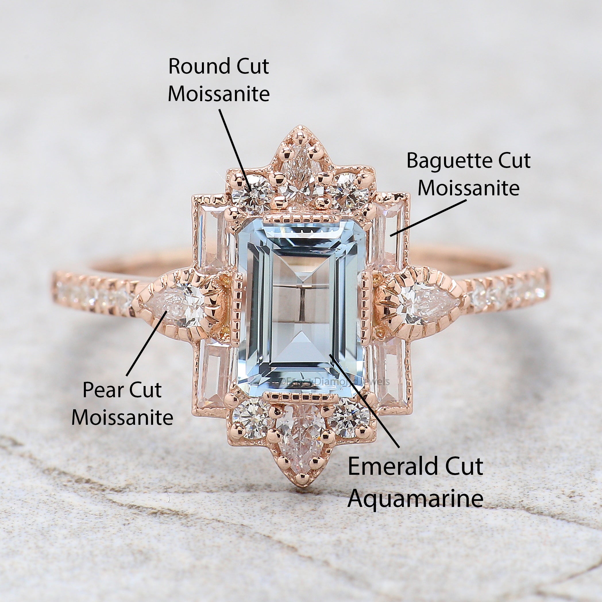 Emerald Cut Natural Aquamarine Engagement Ring Baguette wedding ring Unique art deco ring Pear halo ring Starburst ring Gift For Her FD385