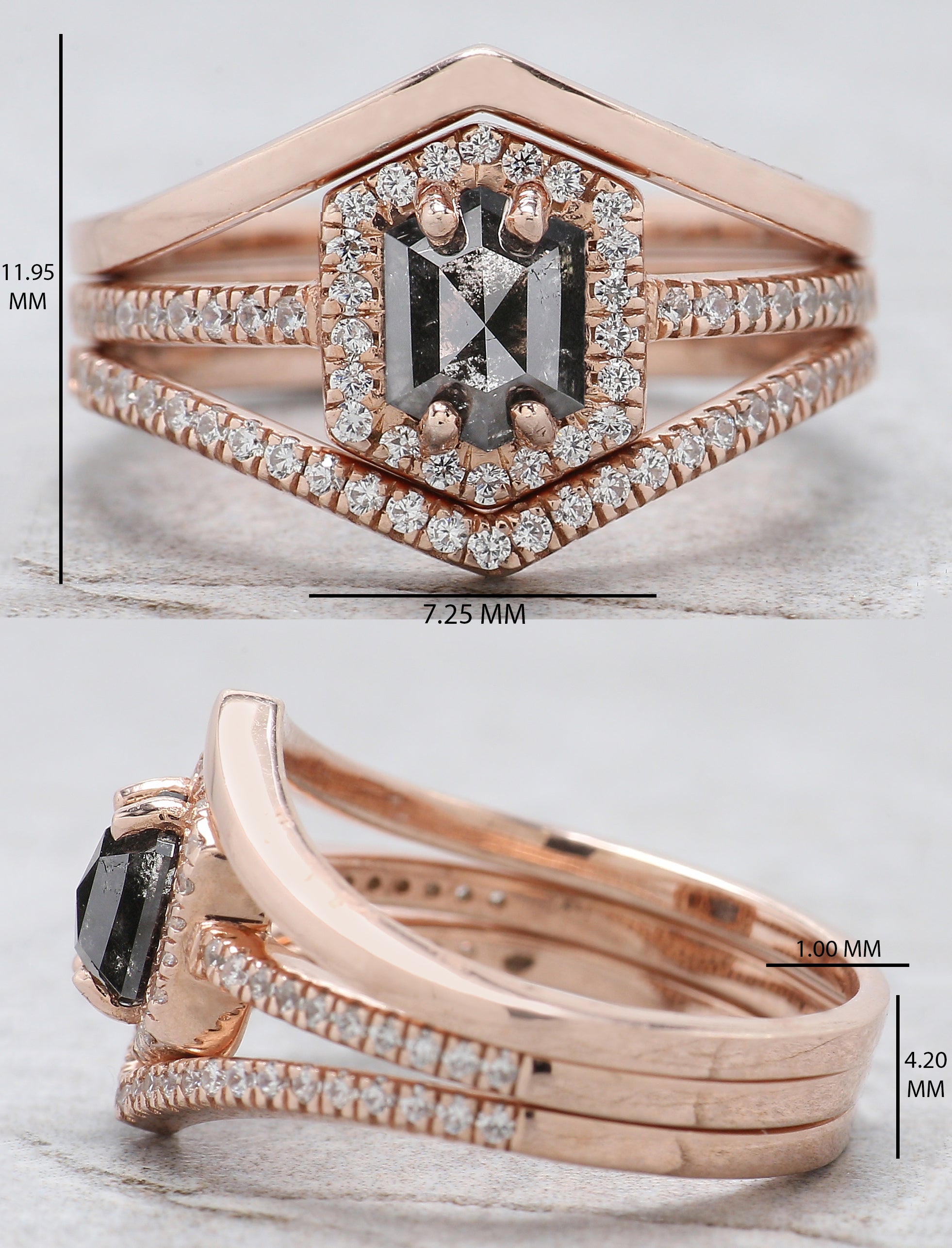 Hexagon Cut Salt And Pepper Diamond Ring 0.72 Ct 6.20 MM Hexagon Diamond Ring 14K Solid Rose Gold Silver Engagement Ring Gift For Her QL1236