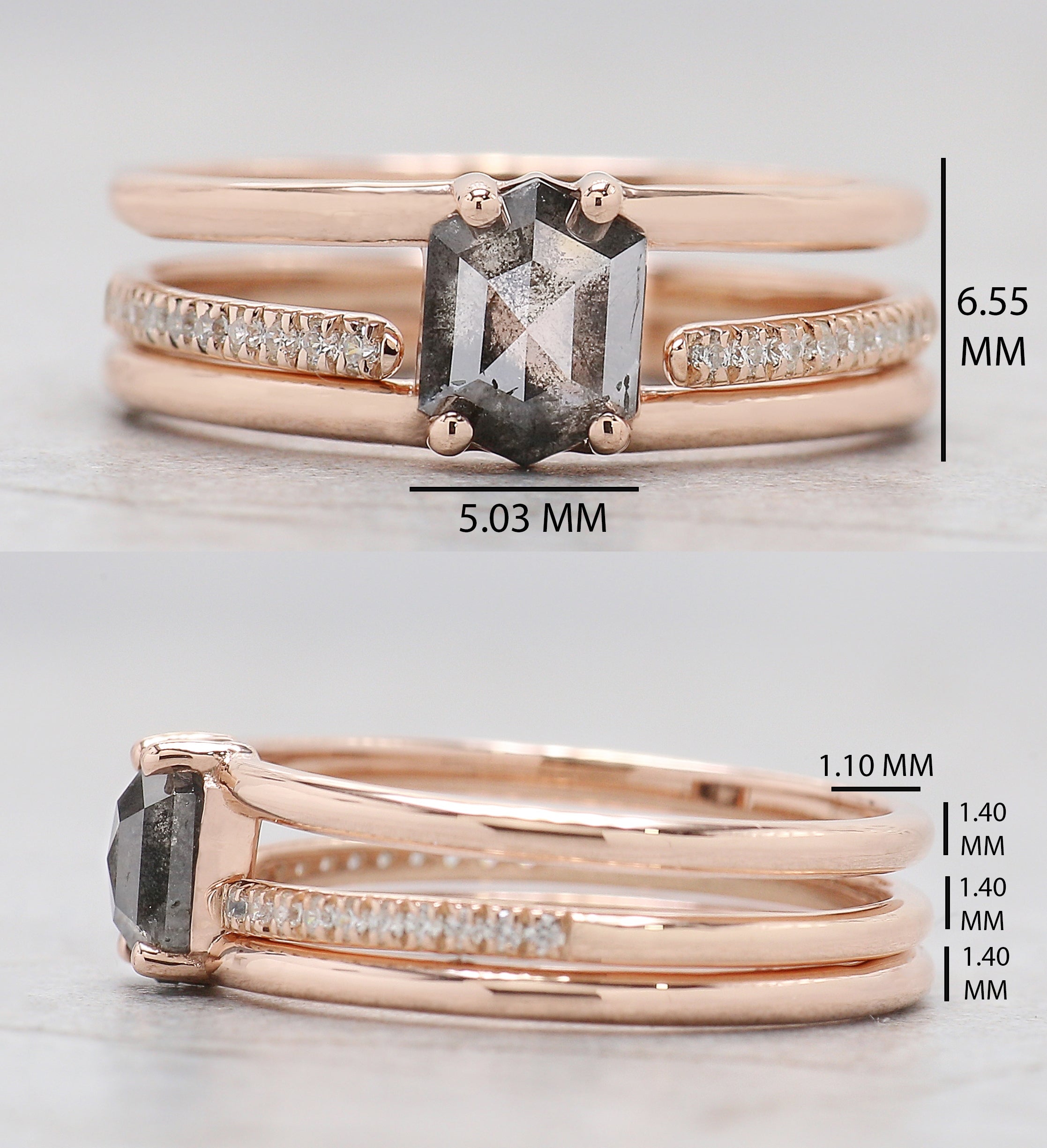 Hexagon Cut Salt And Pepper Diamond Ring 0.74 Ct 6.30 MM Hexagon Cut Diamond Ring 14K Rose Gold Silver Engagement Ring Gift For Her KDL3180