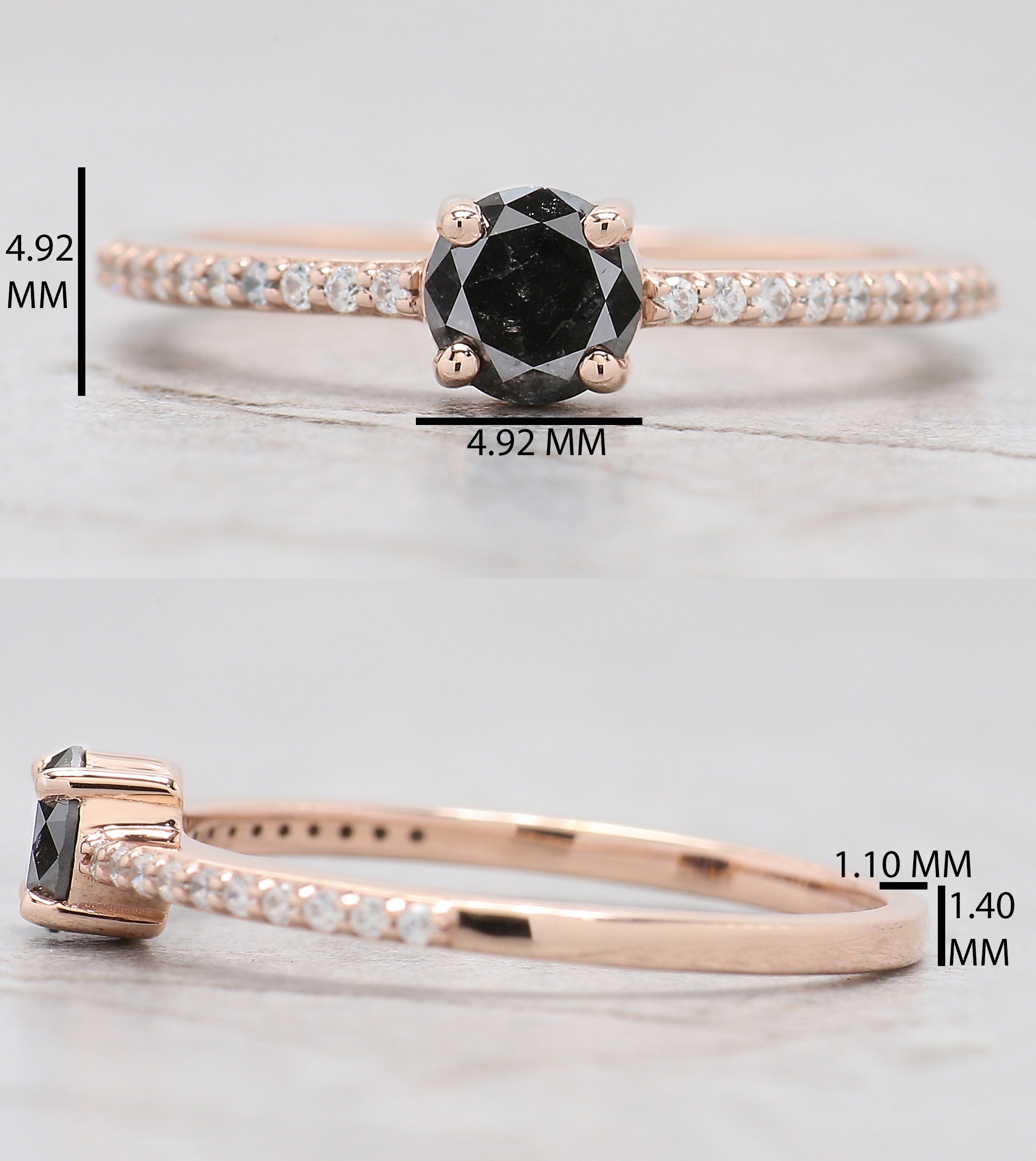 0.43 Ct Natural Round Shape Salt And Pepper Diamond Ring 4.75 MM Round Cut Diamond Ring 14K Solid Rose Gold Silver Engagement Ring QL5995