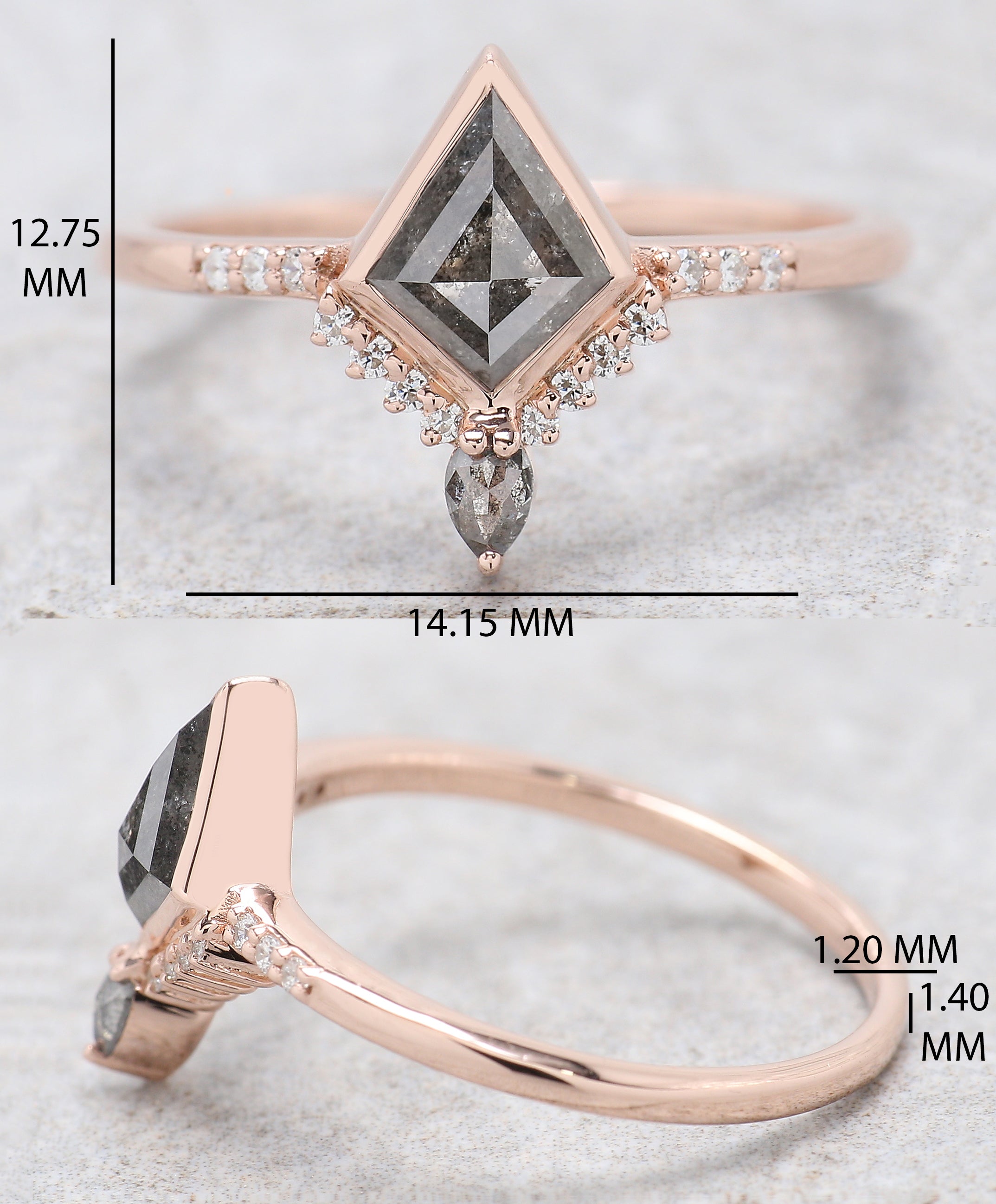 Kite Cut Salt And Pepper Diamond Ring 0.60 Ct 7.20 MM Kite Diamond Ring 14K Solid Rose Gold Silver Kite Engagement Ring Gift For Her QN2095