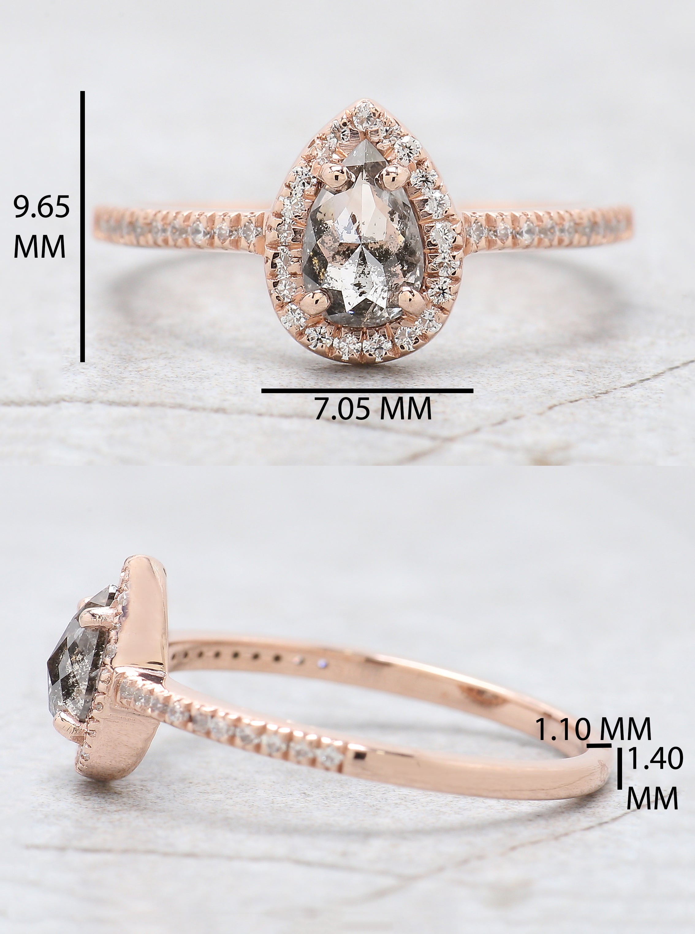 Pear Cut Salt And Pepper Diamond Ring 0.48 Ct 6.65 MM Pear Diamond Ring 14K Solid Rose Gold Silver Pear Engagement Ring Gift For Her QN976
