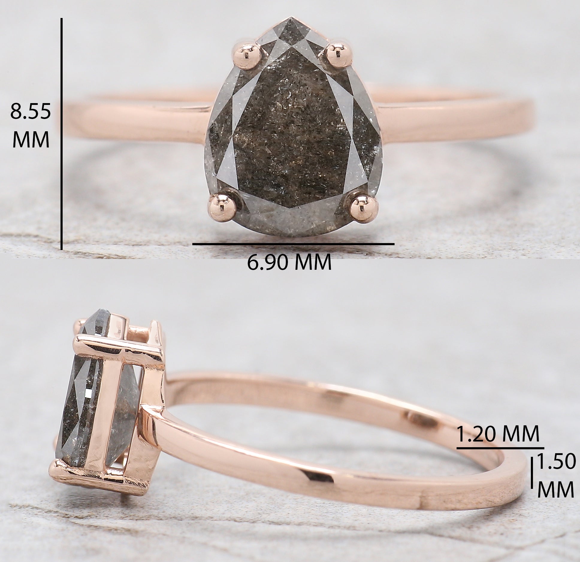 Pear Cut Salt And Pepper Diamond Ring 1.58 Ct 8.45 MM Pear Diamond Ring 14K Solid Rose Gold Silver Engagement Pear Ring Gift For Her QL1666