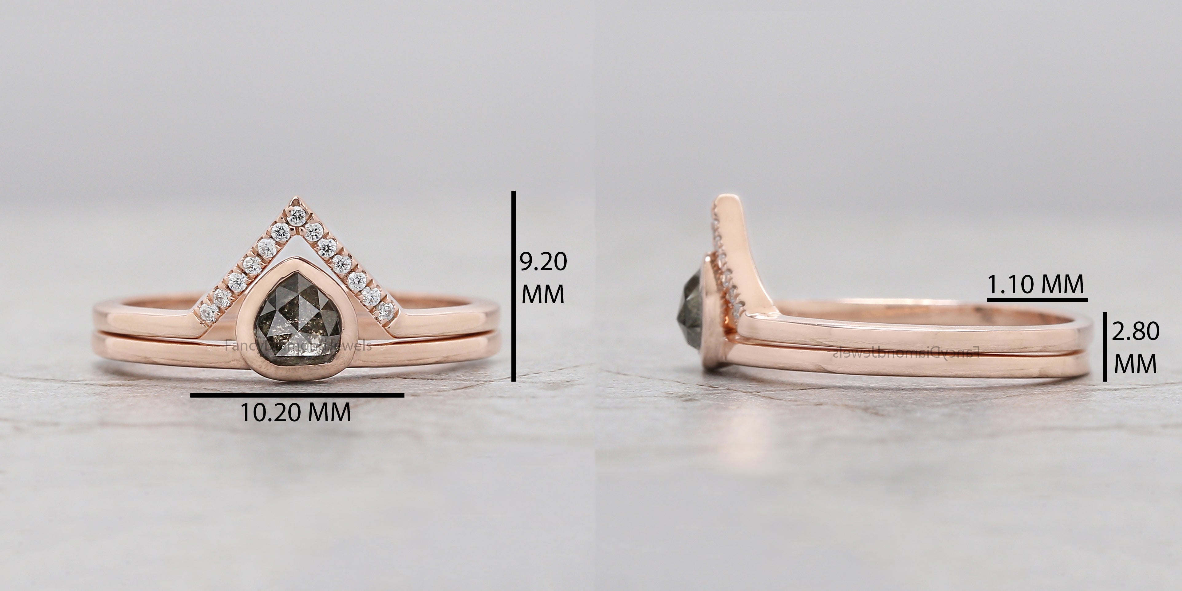 Pear salt and pepper Diamond Ring, Salt and pepper Pear Diamond Engagement Ring, Pear Diamond Ring, Pear Ring, Pear Bridal Ring Set, KD1129