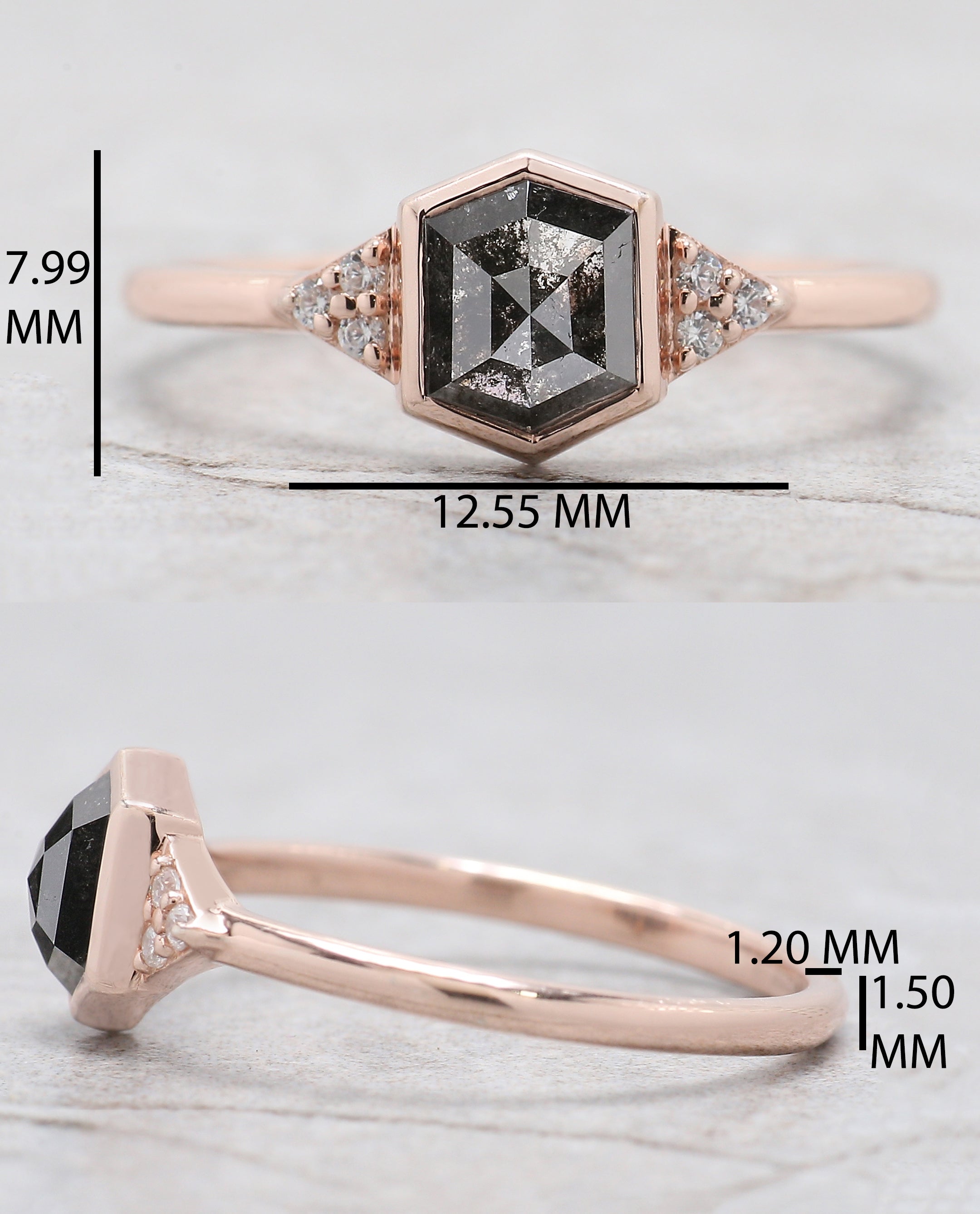 Hexagon Salt And Pepper Diamond Ring 0.89 Ct 6.37 MM Hexagon Cut Diamond Ring 14K Solid Rose Gold Silver Engagement Ring Gift For Her QL2163