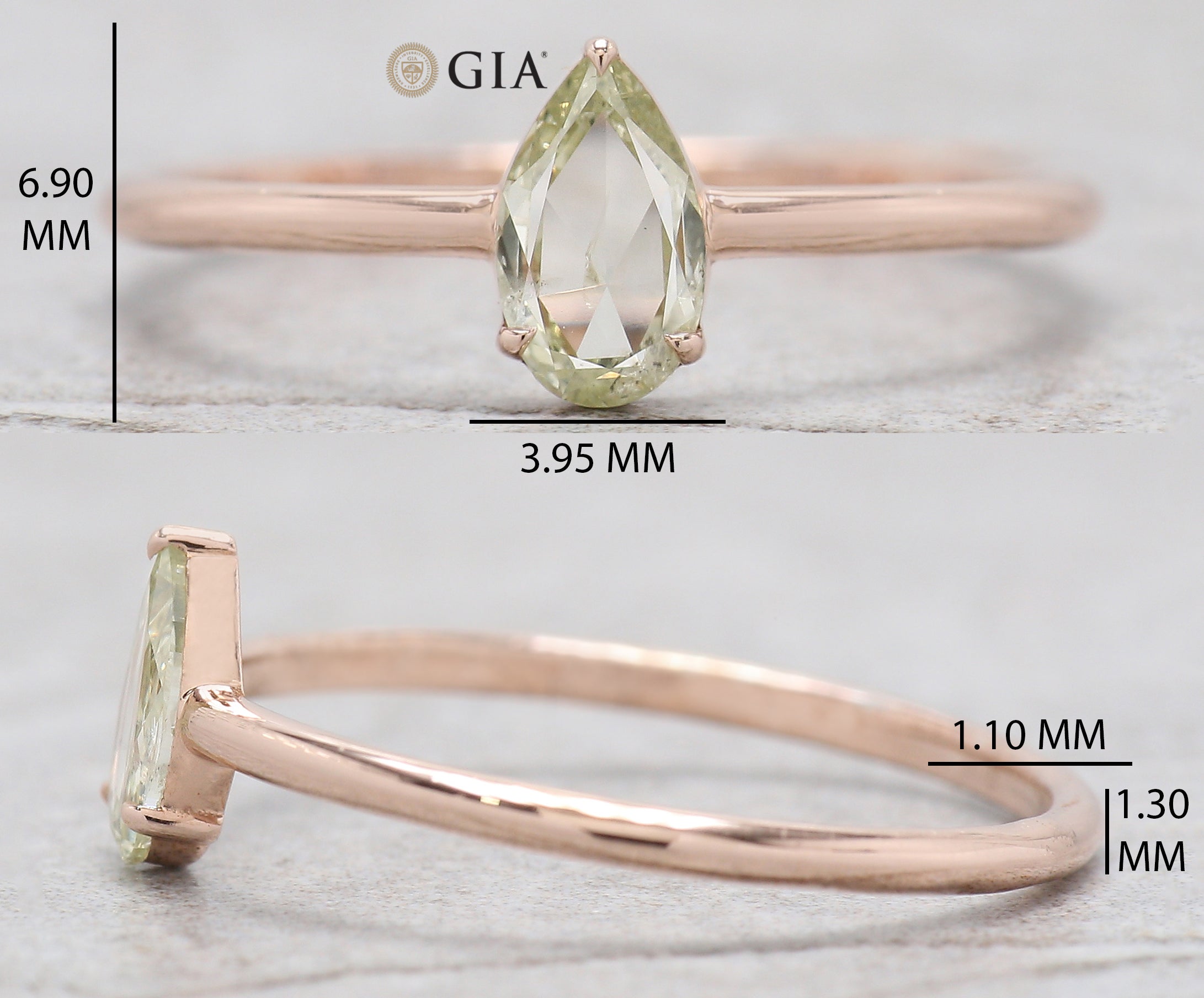 GIA Certified Pear Green Color Diamond Ring 0.32 Ct 6.63 MM Pear Diamond Ring 14K Solid Rose Gold Silver Engagement Ring Gift For Her QL4429