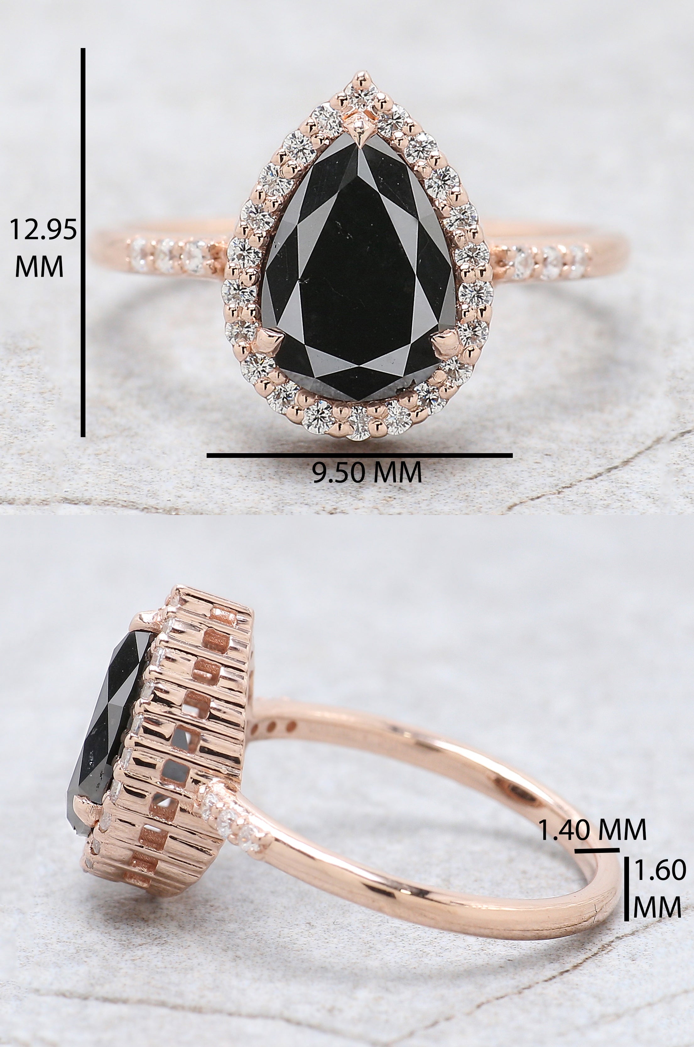 Pear Cut Black Color Diamond Ring 1.97 Ct 9.65 MM Pear Shape Diamond Ring 14K Solid Rose Gold Silver Pear Engagement Ring Gift For Her QN1542