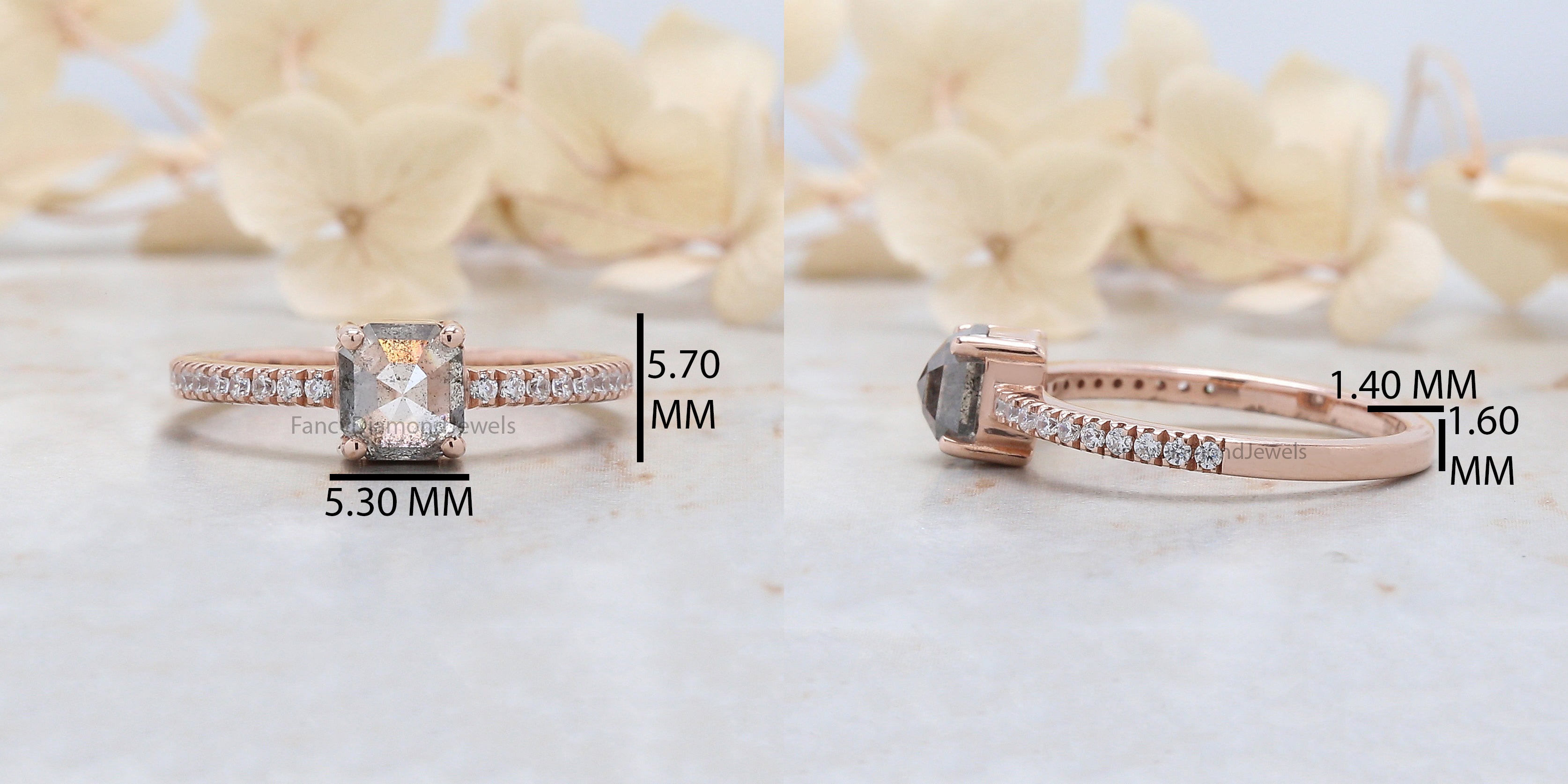 Emerald Cut Salt And Pepper Diamond Ring 1.05 Ct 5.60 MM Emerald Diamond Ring 14K Solid Rose Gold Silver Engagement Ring Gift For Her QL3062