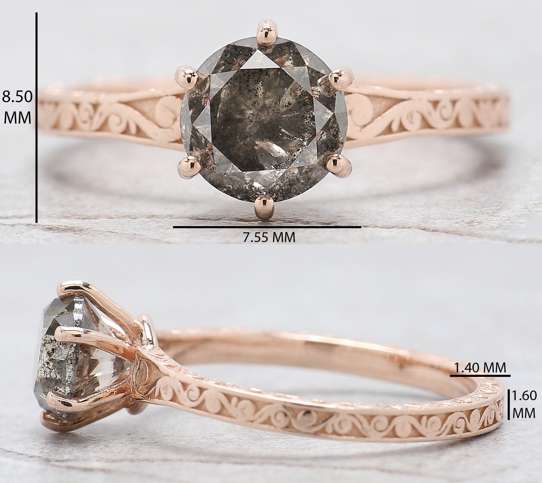 Round Salt And Pepper Diamond Ring 1.51 Ct 6.60 MM Round Cut Diamond Ring 14K Solid Rose Gold Silver Engagement Ring Gift For Her QL8399