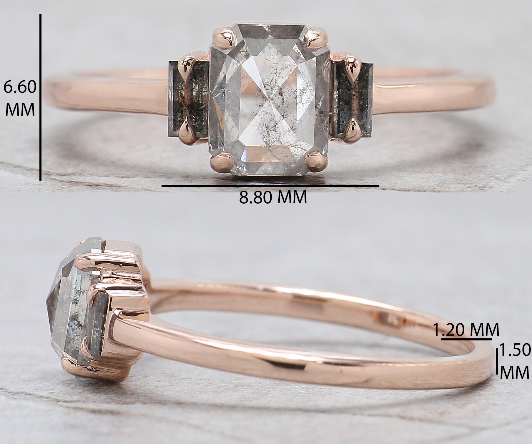 Emerald Cut Salt And Pepper Diamond Ring 0.95 Ct 6.45 MM Emerald Diamond Ring 14K Solid Rose Gold Silver Engagement Ring Gift For Her QL2745
