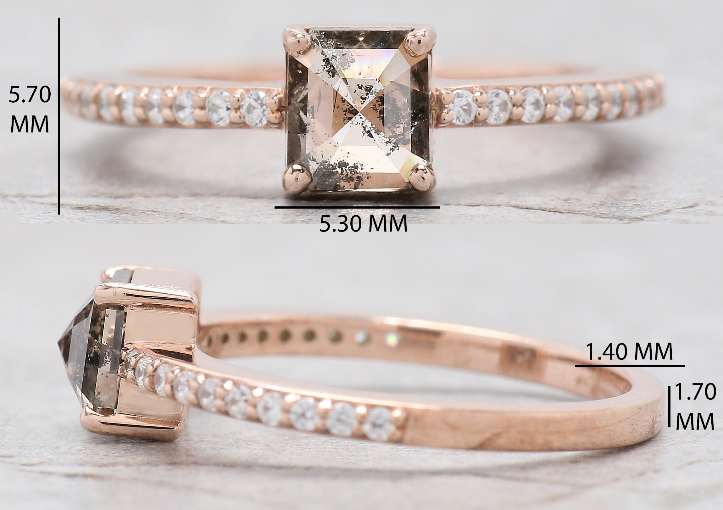 Emerald Cut Salt And Pepper Diamond Ring 0.87 Ct 5.60 MM Emerald Diamond Ring 14K Solid Rose Gold Silver Engagement Ring Gift For Her QL9510