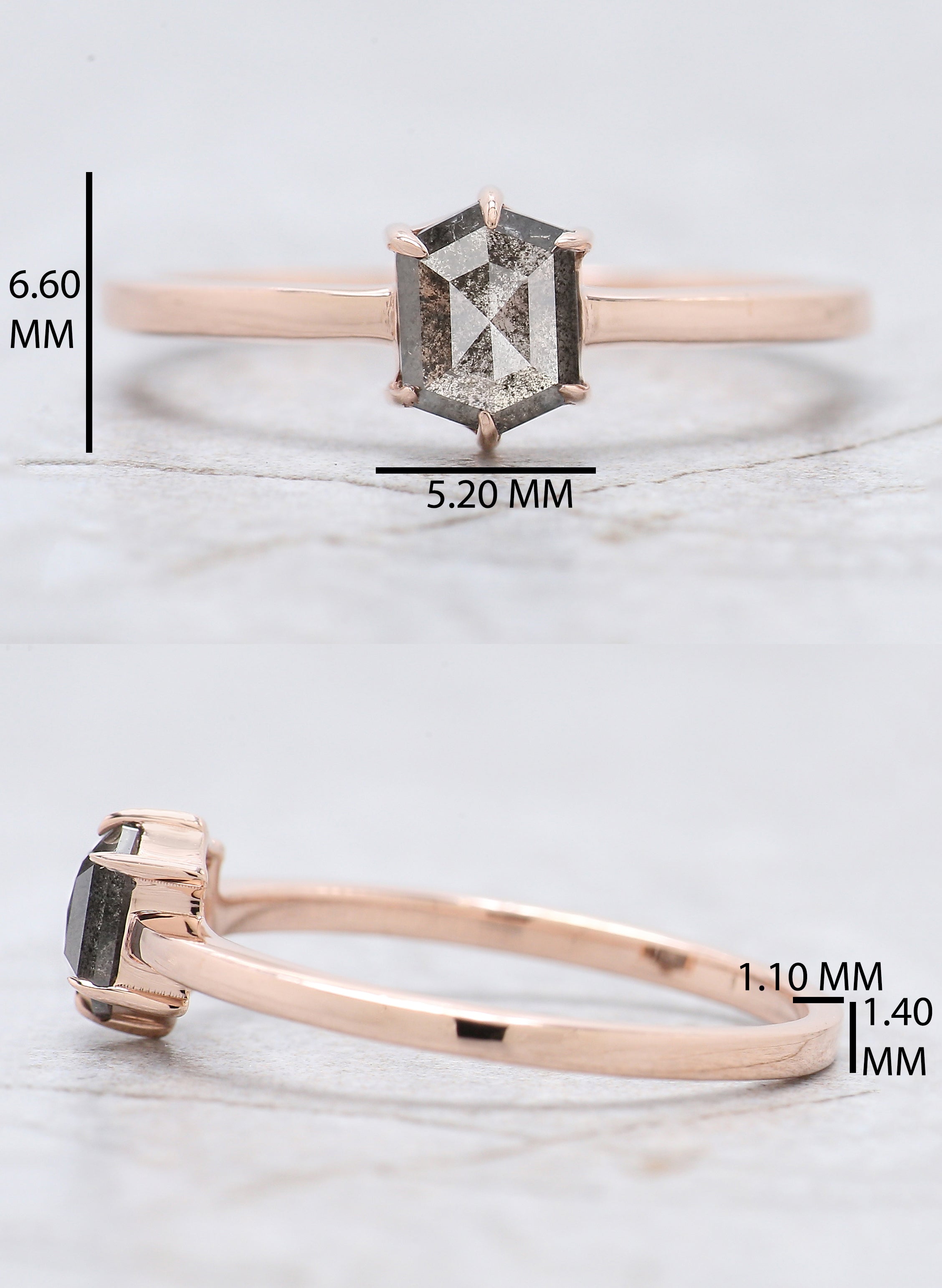 Hexagon Cut Salt And Pepper Diamond Ring 0.59 Ct 5.85 MM Hexagon Cut Diamond Ring 14K Rose Gold Silver Engagement Ring Gift For Her QL935