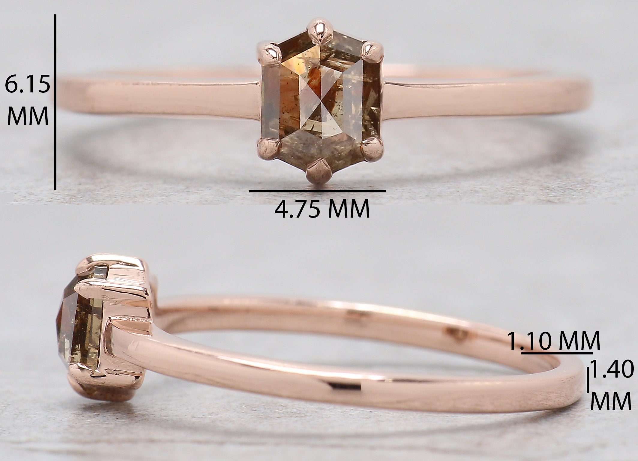 Hexagon Brown Color Diamond Ring 0.50 Ct 5.41 MM Hexagon Shape Diamond Ring 14K Solid Rose Gold Silver Engagement Ring Gift For Her QK2596