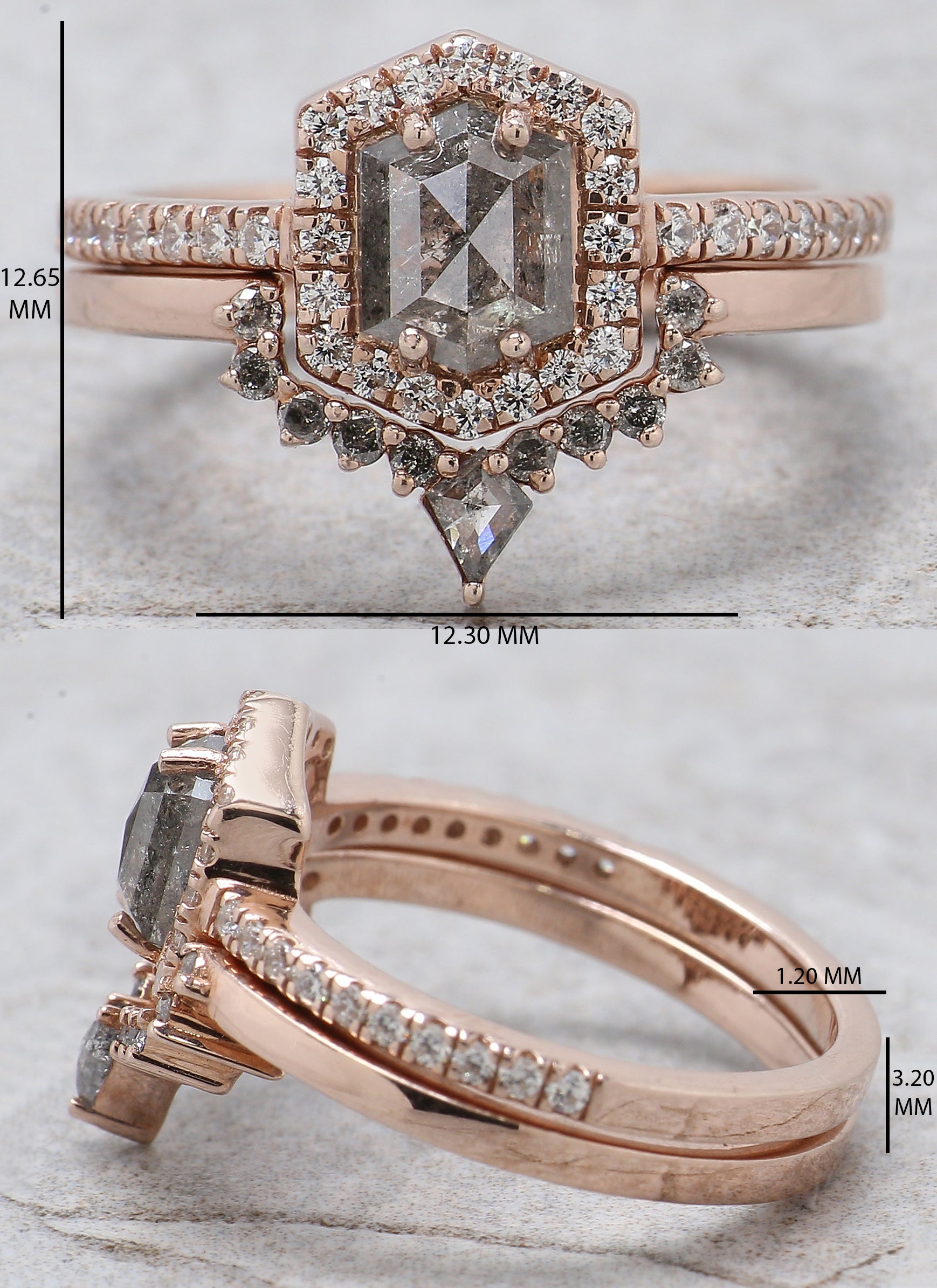 Hexagon Cut Salt And Pepper Diamond Ring 0.88 Ct 6.55 MM Hexagon Diamond Ring 14K Solid Rose Gold Silver Engagement Ring Gift For Her QN1460