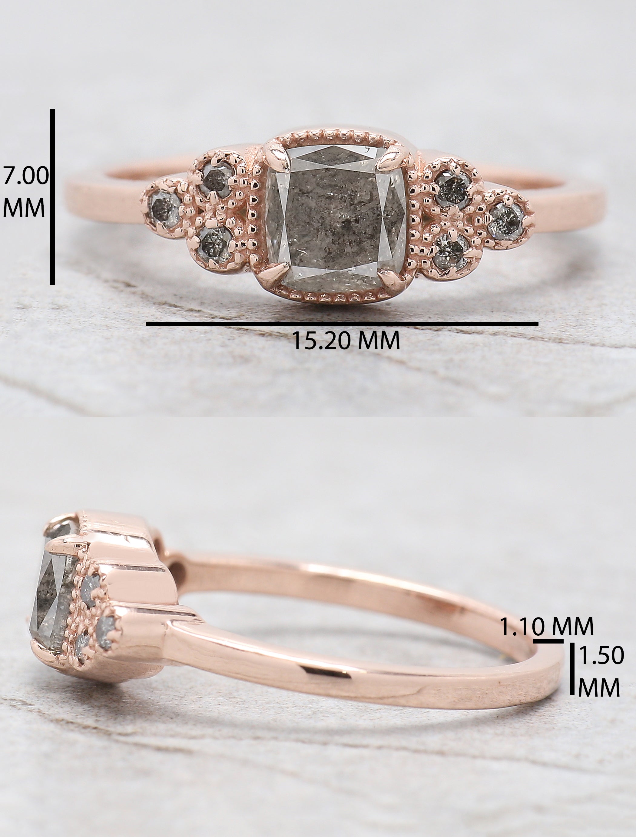 Cushion Cut Salt And Pepper Diamond Ring 0.95 Ct 5.60 MM Cushion Diamond Ring 14K Solid Rose Gold Silver Engagement Ring Gift For Her QN794