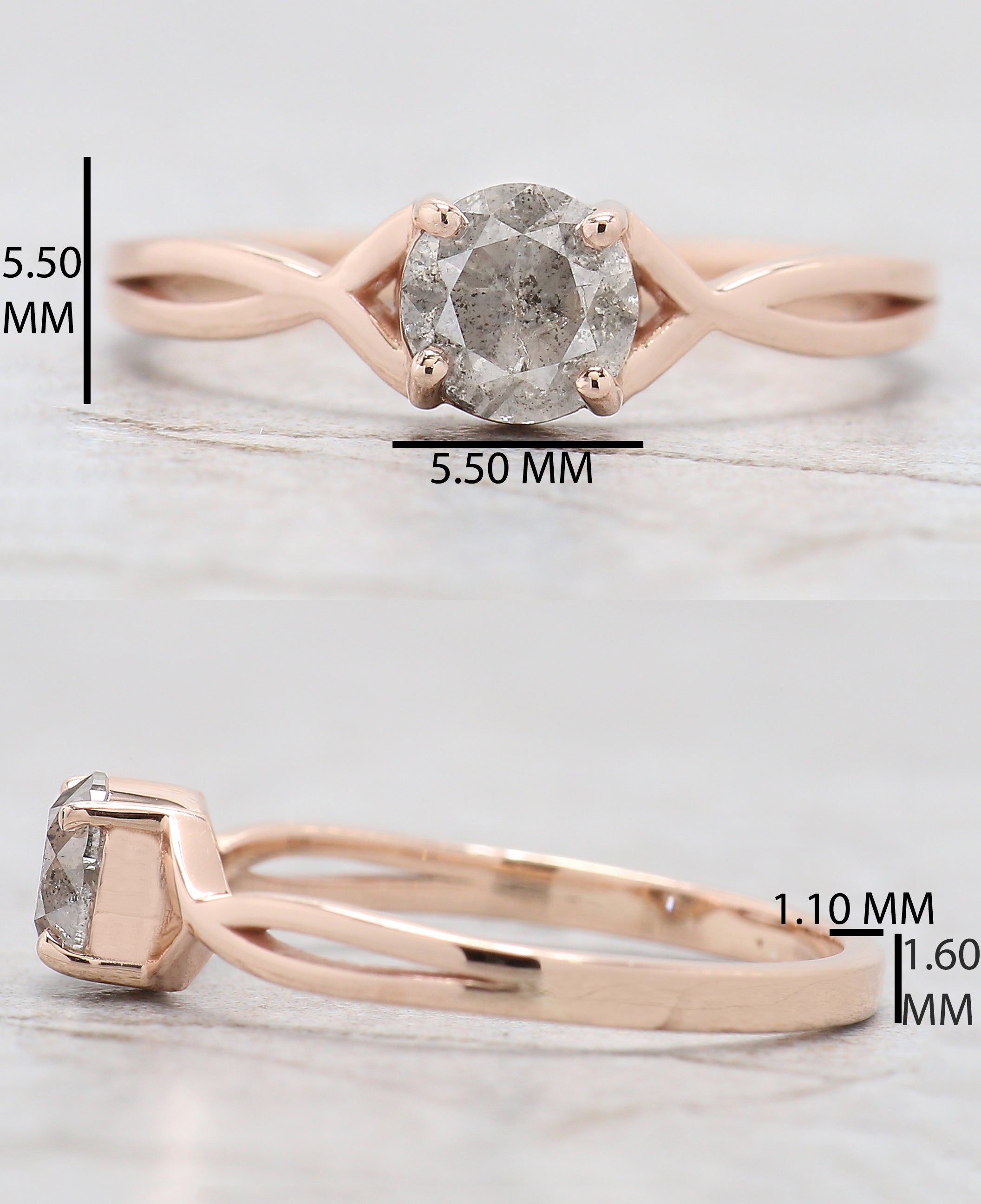 Round Cut Salt And Pepper Diamond Ring 0.66 Ct 5.30 MM Round Diamond Ring 14K Solid Rose Gold Silver Engagement Ring Gift For Her QN1078