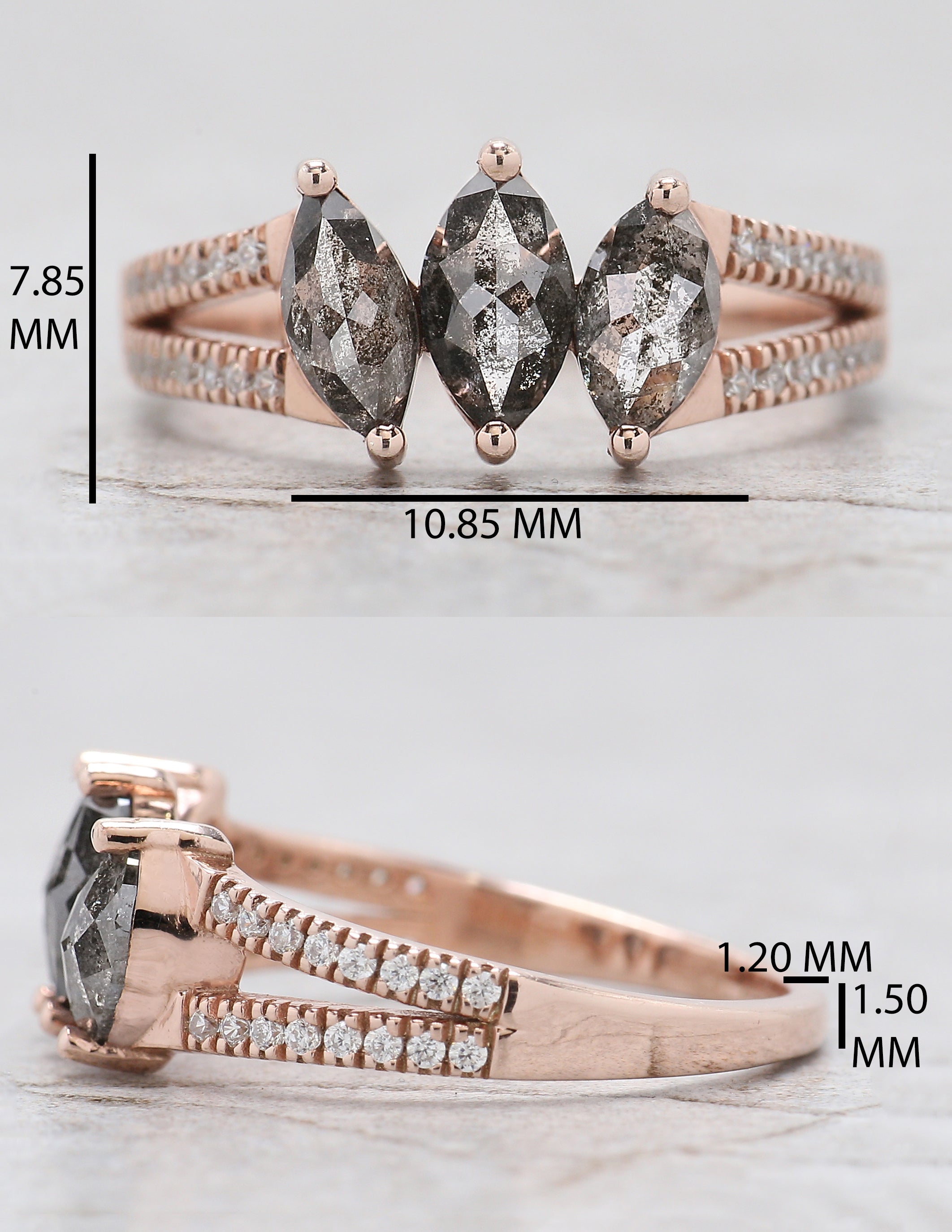 Marquise Cut Salt And Pepper Diamond Ring 0.97 Ct 6.76 MM Marquise Diamond Ring 14K Rose Gold Silver Engagement Ring Gift For Her QL2559
