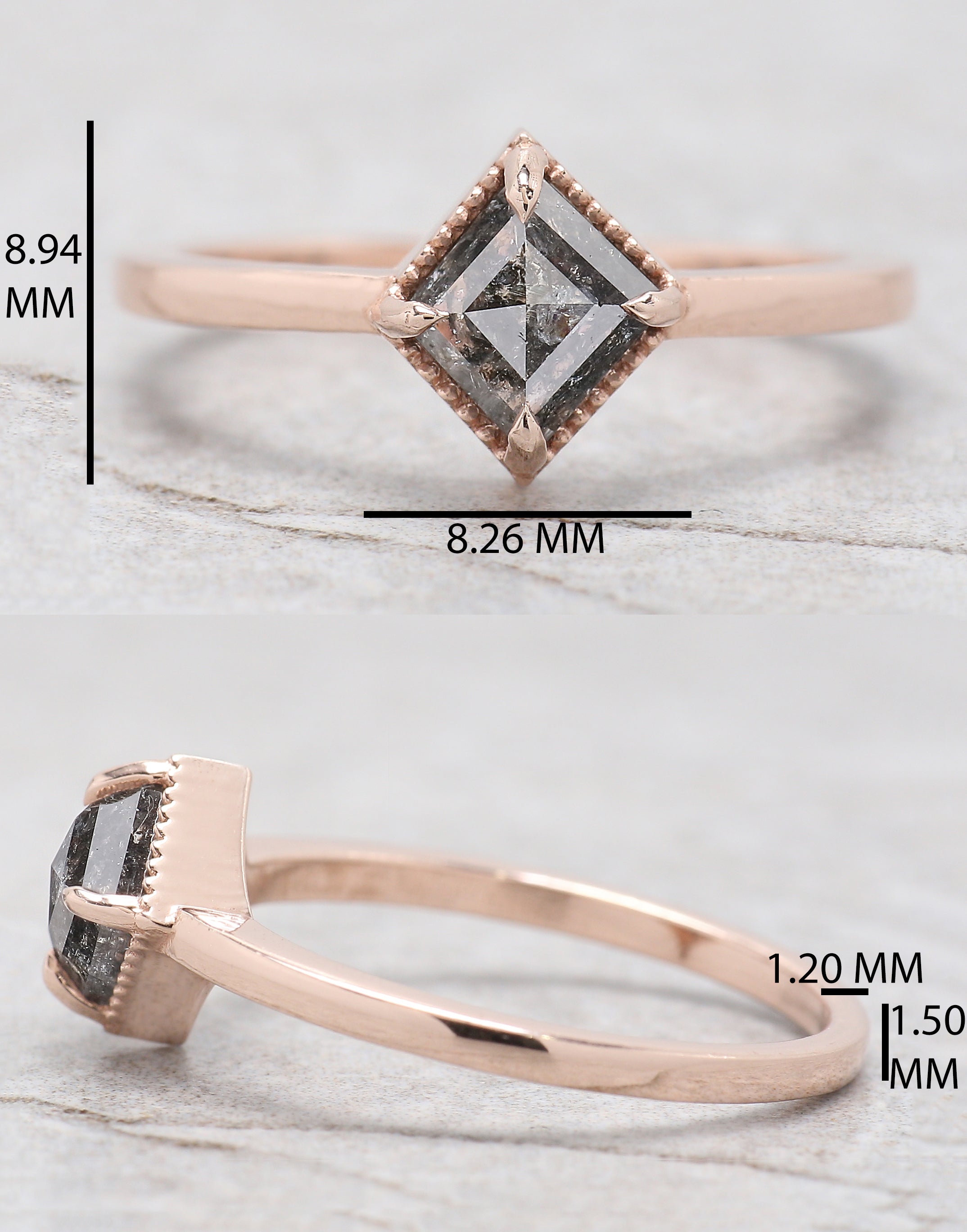 Kite Cut Salt And Pepper Diamond Ring 0.88 Ct 7.18 MM Kite Diamond Ring 14K Solid Rose Gold Silver Kite Engagement Ring Gift For Her QL2026