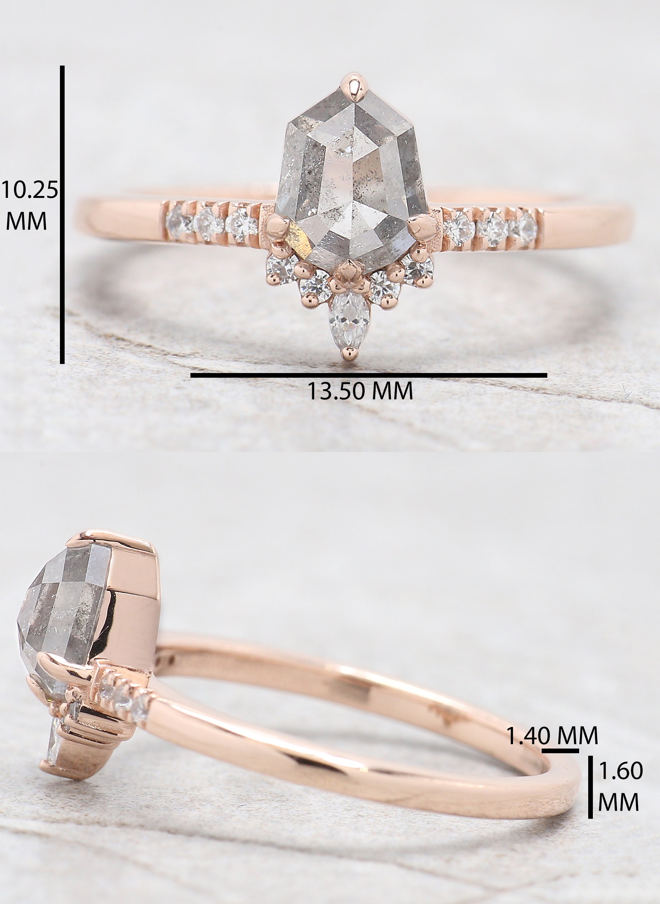 Shield Cut Salt And Pepper Diamond Ring 1.12 Ct 7.08 MM Shield Diamond Ring 14K Solid Rose Gold Silver Engagement Ring Gift For Her QL2570
