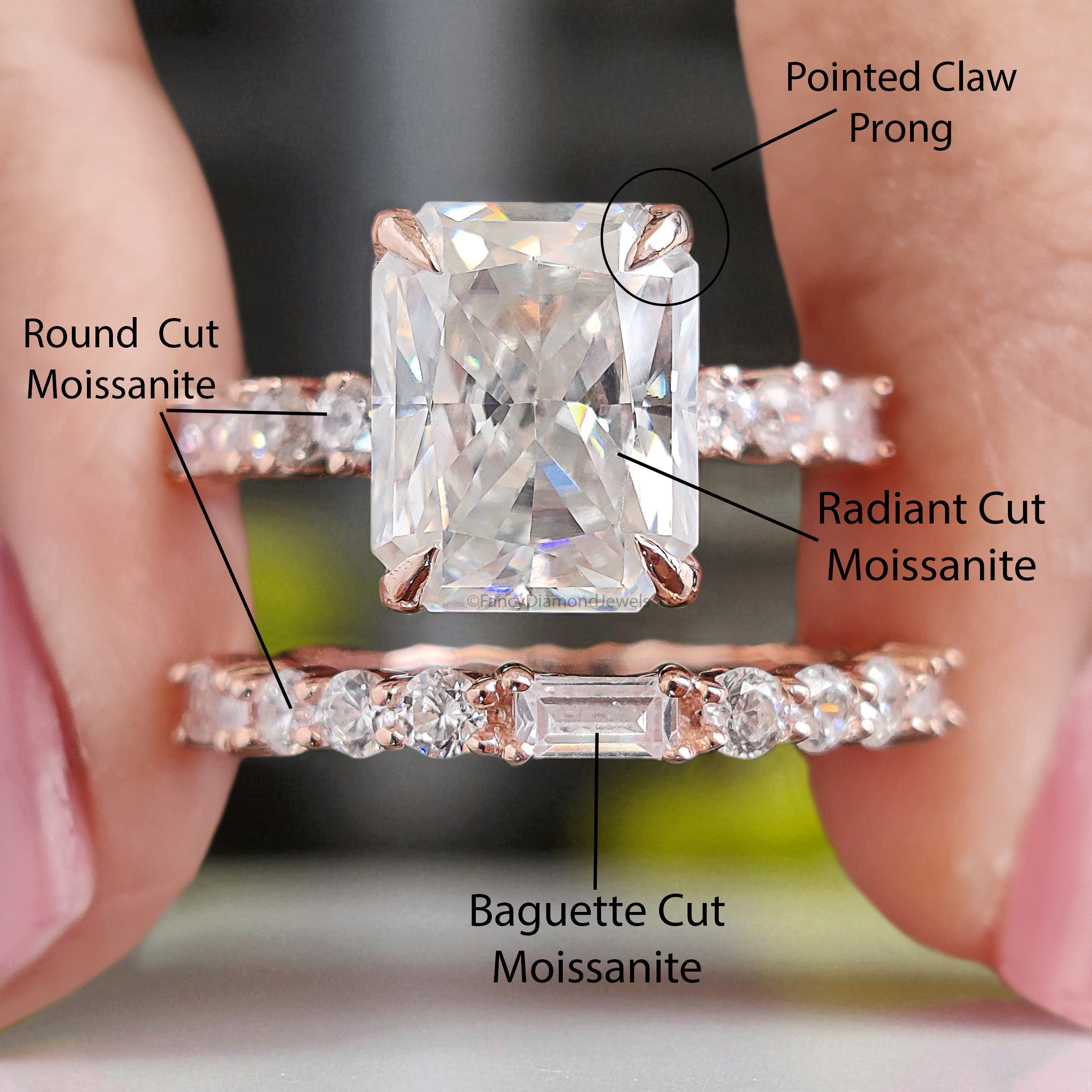 3.70 CT Radiant Cut Colorless Moissanite Bridal Ring Set Engagement Ring Pointed Claw Prong Set Ring Anniversary Ring Rose Gold Ring FD414