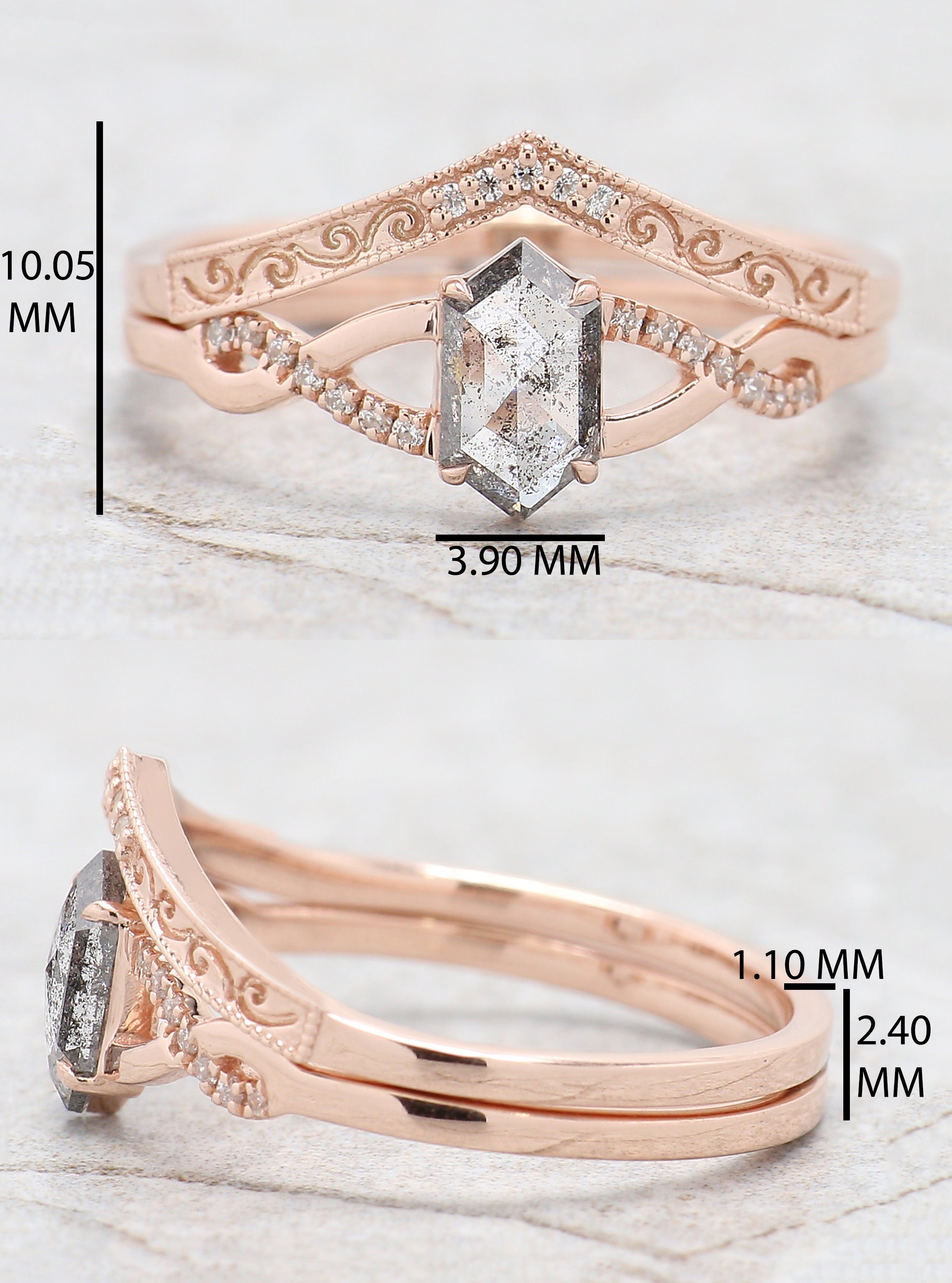 Hexagon Cut Salt And Pepper Diamond Ring 0.46 Ct 6.74 MM Hexagon Diamond Ring 14K Solid Rose Gold Silver Engagement Ring Gift For Her QN2139