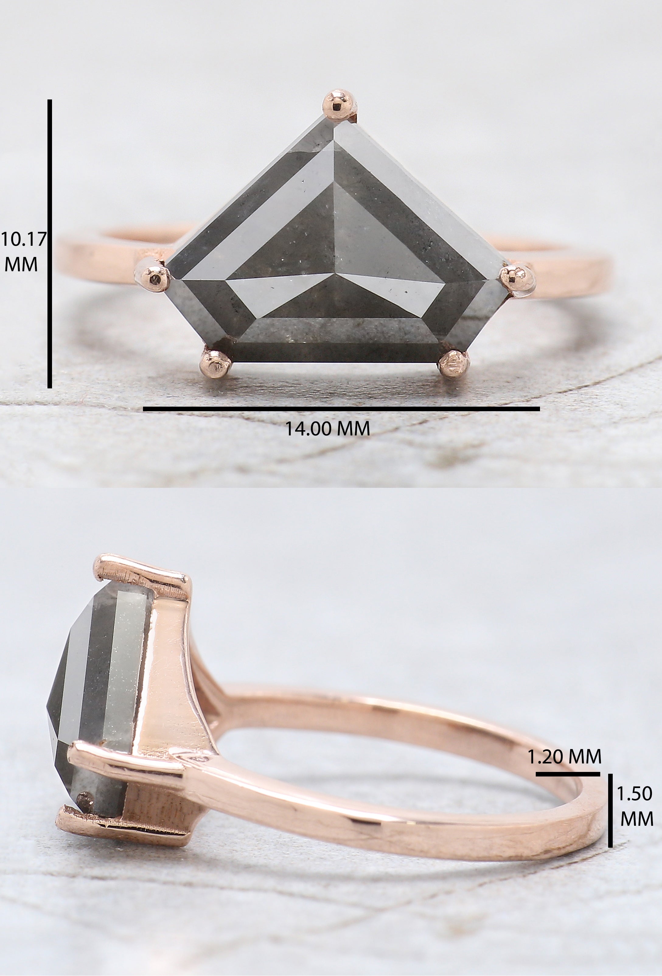 Shield Cut Salt And Pepper Diamond Ring 3.67 Ct 8.90 MM Shield Diamond Ring 14K Solid Rose Gold Silver Engagement Ring Gift For Her QL982