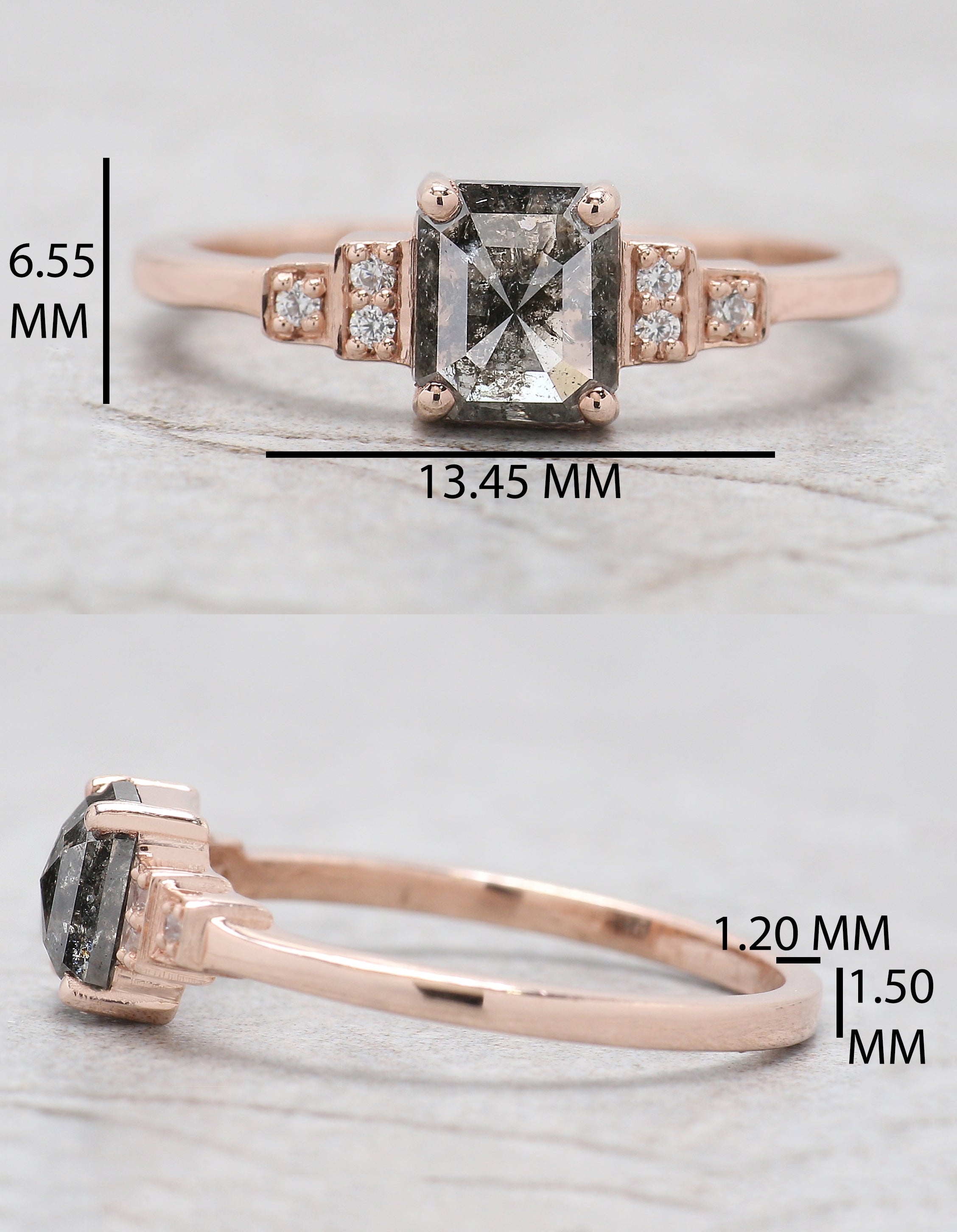 Emerald Salt And Pepper Diamond Ring 0.96 Ct 6.25 MM Emerald Diamond Ring 14K Solid Rose Gold Silver Engagement Ring Gift For Her QL1205