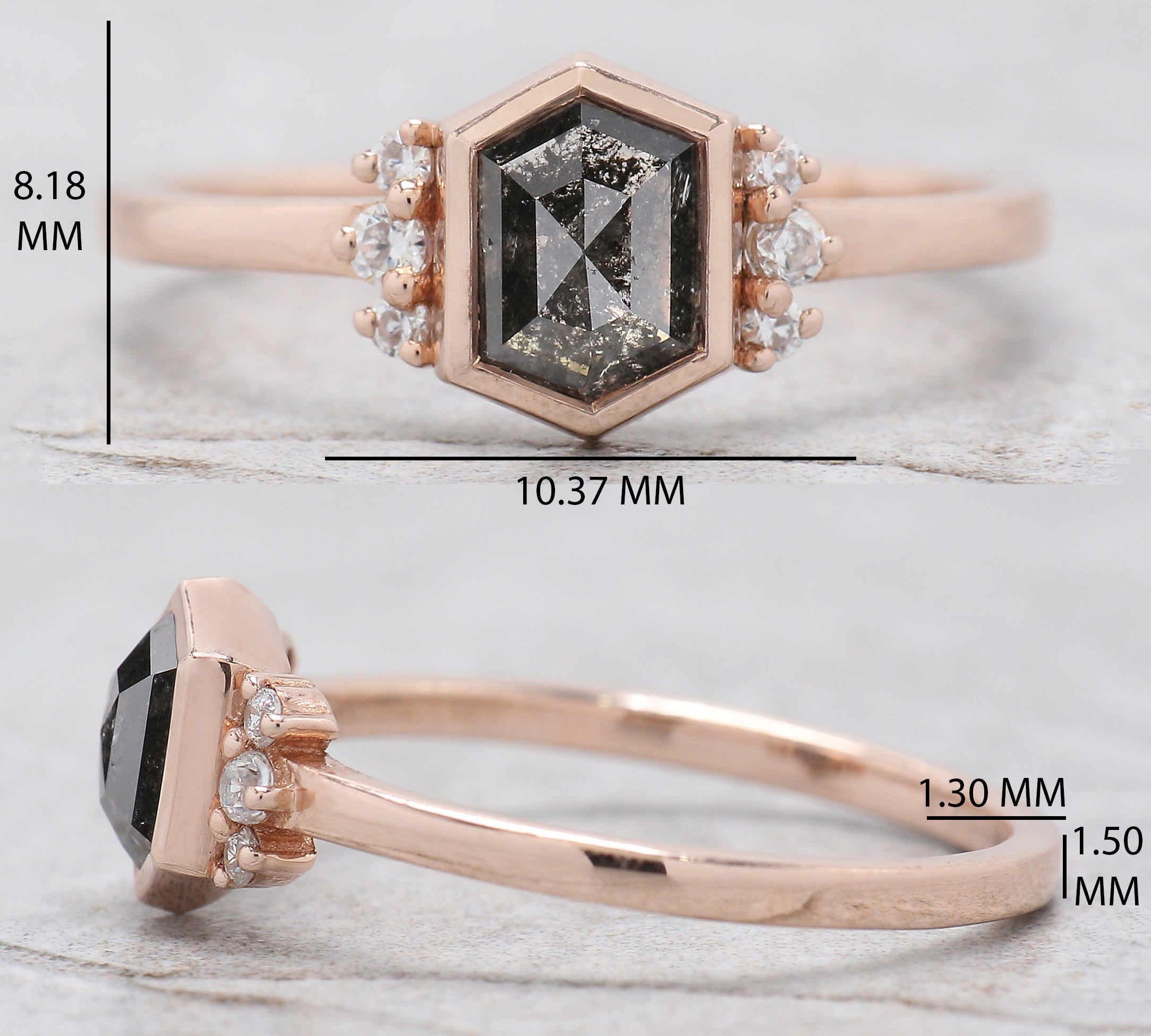 Hexagon Cut Salt And Pepper Diamond Ring 0.83 Ct 6.50 MM Hexagon Cut Diamond Ring 14K Rose Gold Silver Engagement Ring Gift For Her QL1503