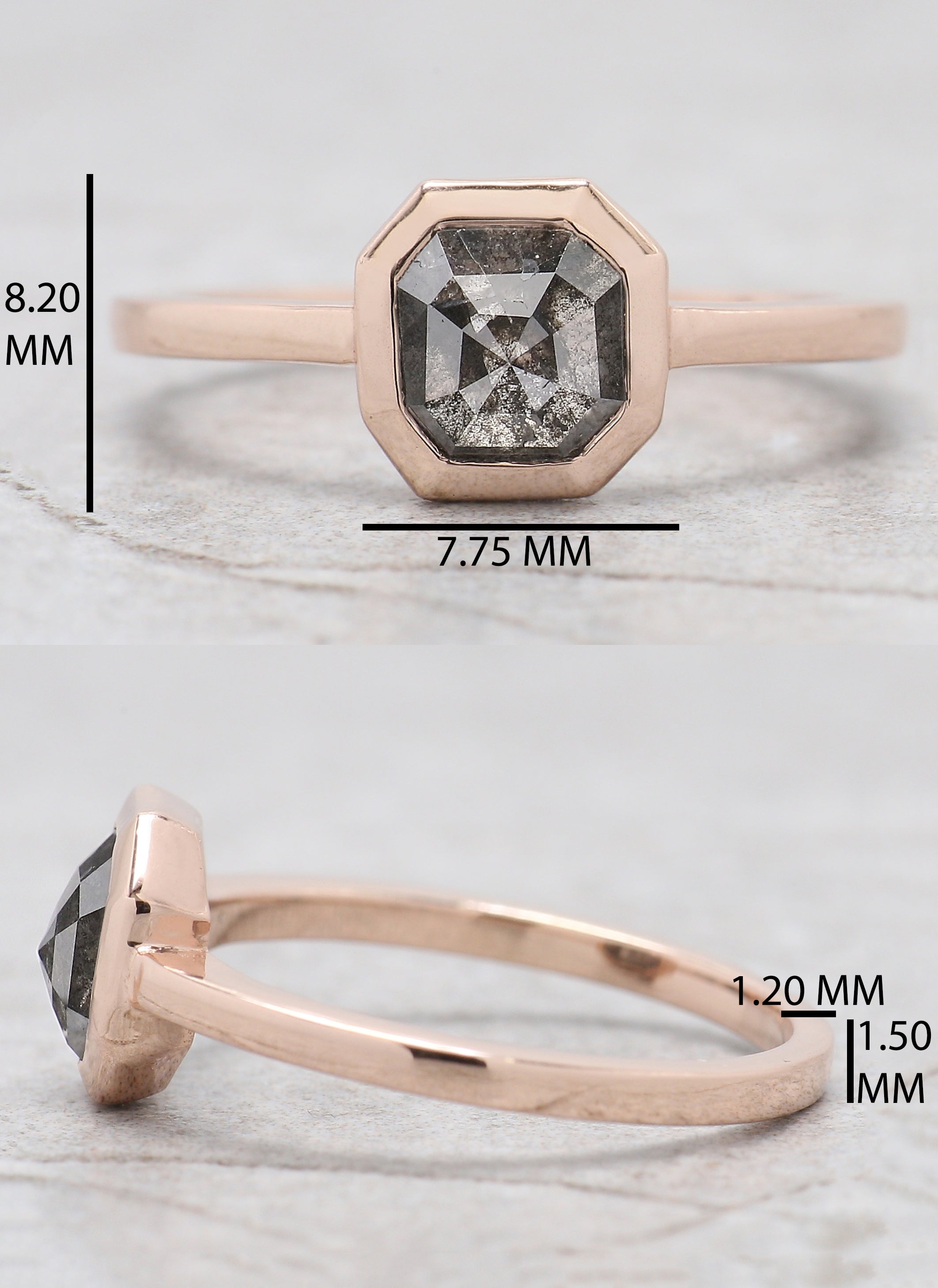 Emerald Cut Salt And Pepper Diamond Ring 1.08 Ct 6.50 MM Emerald Diamond Ring 14K Solid Rose Gold Silver Engagement Ring Gift For Her QL7004