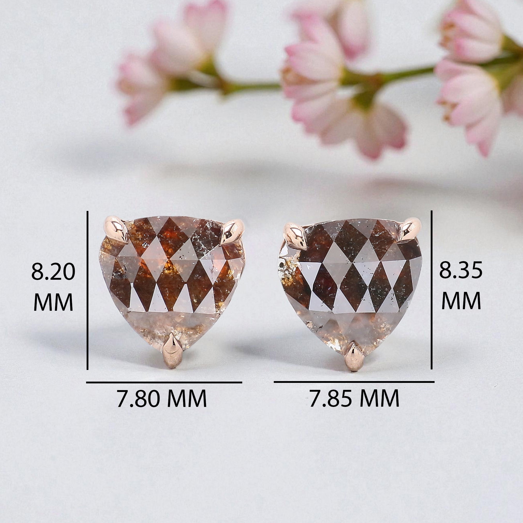 Heart Brown Color Diamond Earring 2.58 Ct 7.80 MM Heart Diamond Earring 14K Solid Rose Gold Silver Rose Cut Earring Gift For Her KDL6880