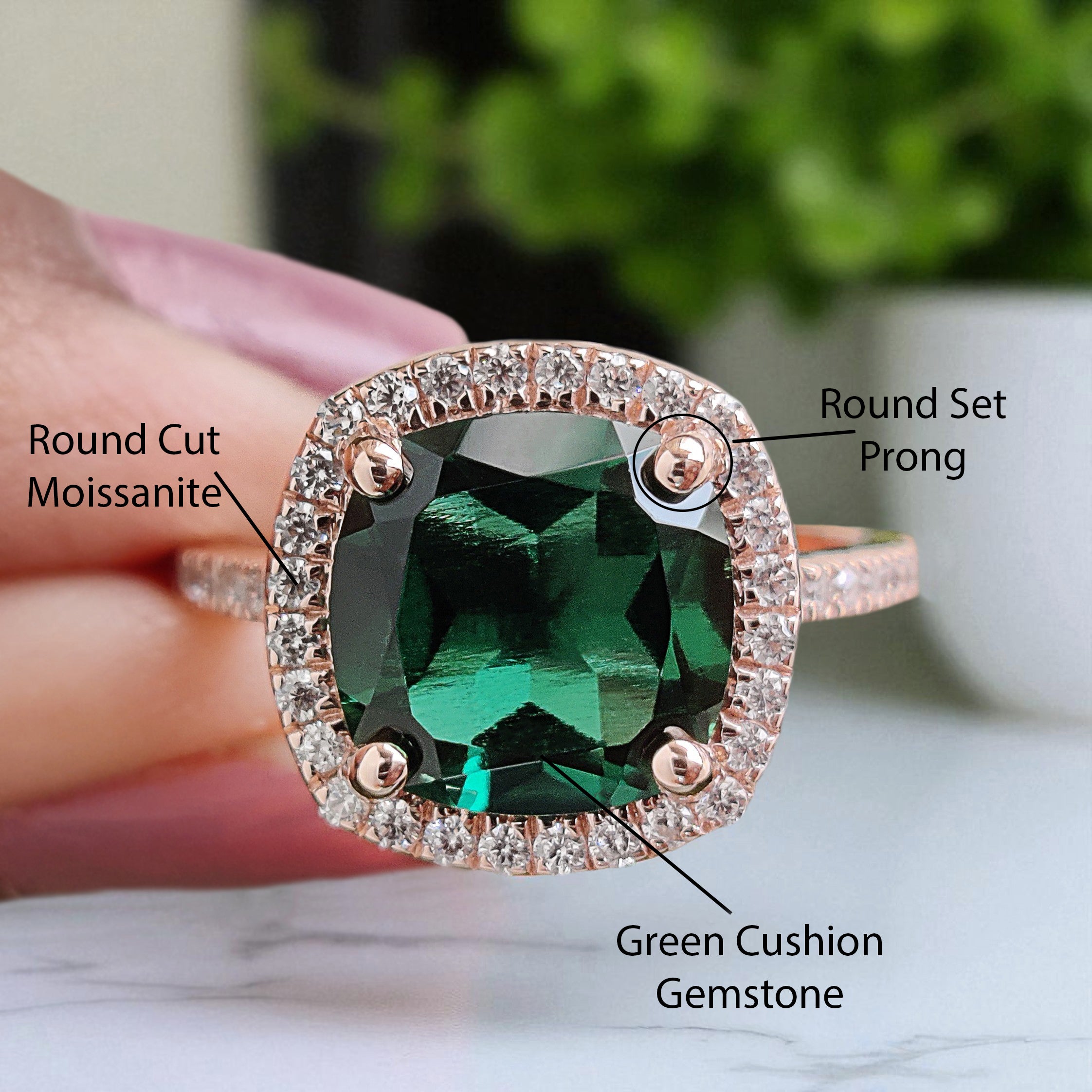2.60 CT Cushion Cut Green Emerald Engagement Ring Rose Gold Ring Cushion Wedding Ring Unique Art Deco Vintage Halo Ring Gift For Her FD422