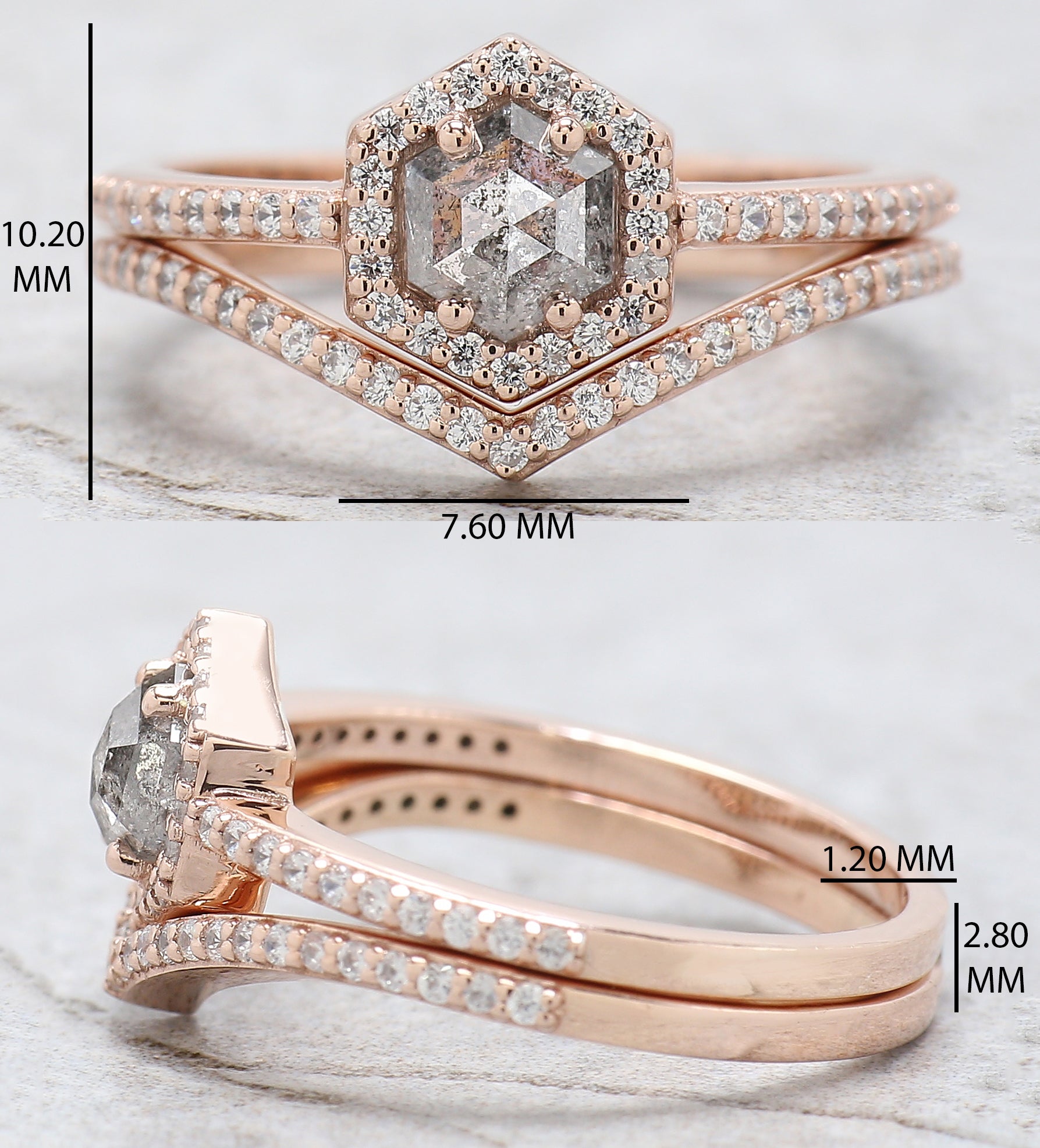 Hexagon Salt And Pepper Diamond Ring 0.58 Ct 5.45 MM Hexagon Cut Diamond Ring 14K Solid Rose Gold Silver Engagement Ring Gift For Her QN536