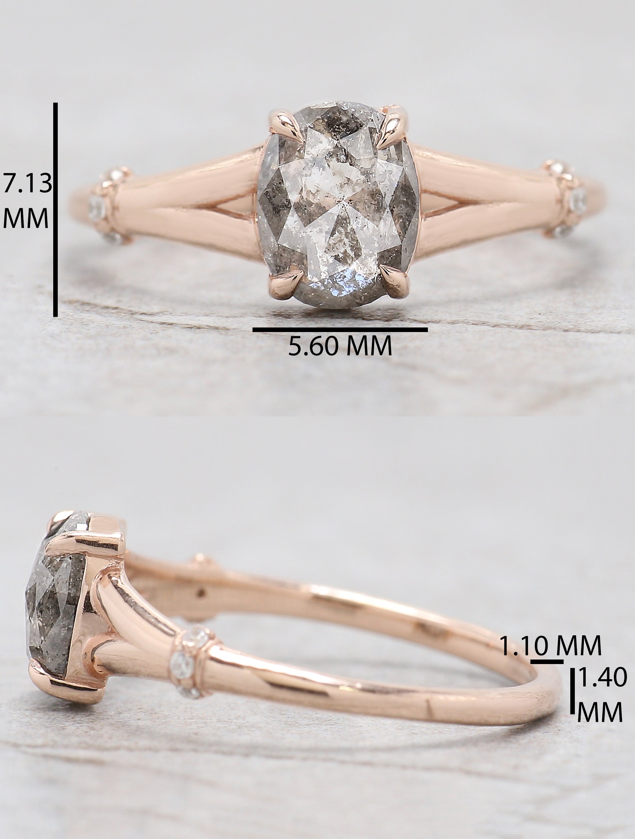 Oval Cut Salt And Pepper Diamond Ring 0.89 Ct 6.90 MM Oval Shape Diamond Ring 14K Solid Rose Gold Silver Engagement Ring Gift For Her QL1445