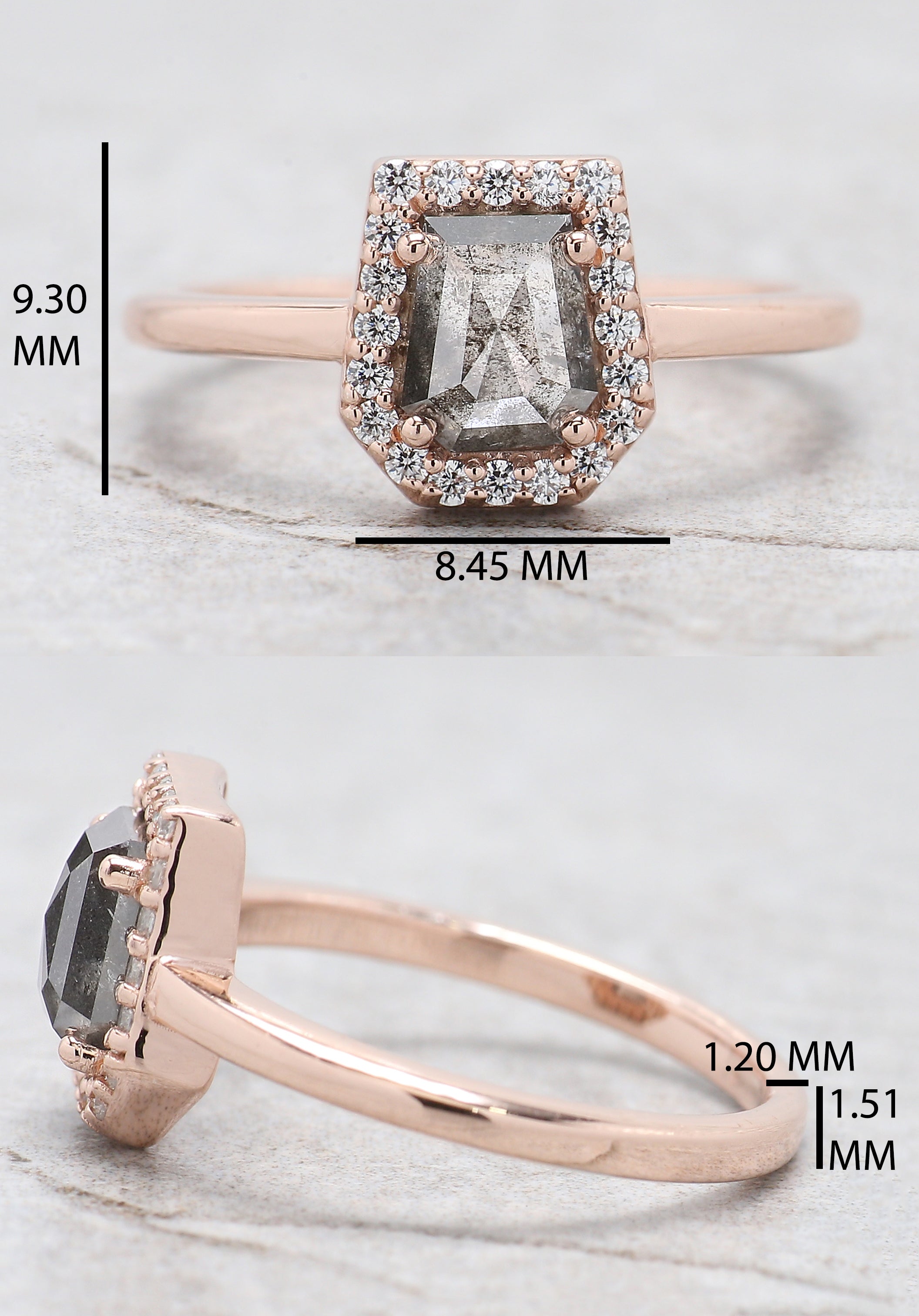 Coffin Cut Salt And Pepper Diamond Ring 0.96 Ct 6.25 MM Coffin Diamond Ring 14K Solid Rose Gold Silver Engagement Ring Gift For Her QN1097