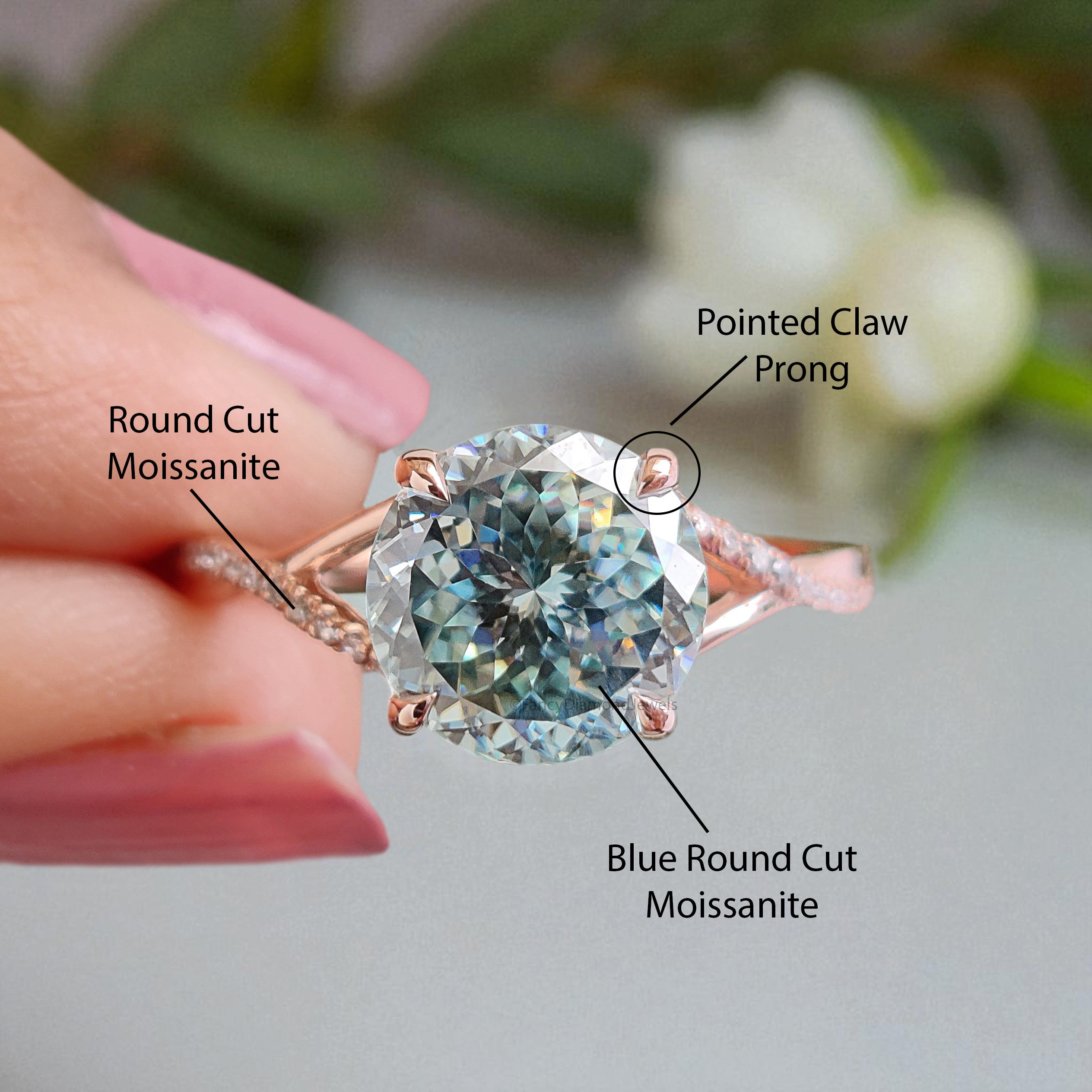 Round Portuguese Cut Aqua Blue Green Moissanite Engagement Ring Rose Gold Ring Vintage Ring Crossover Band Wedding Ring Gift For Her FD419