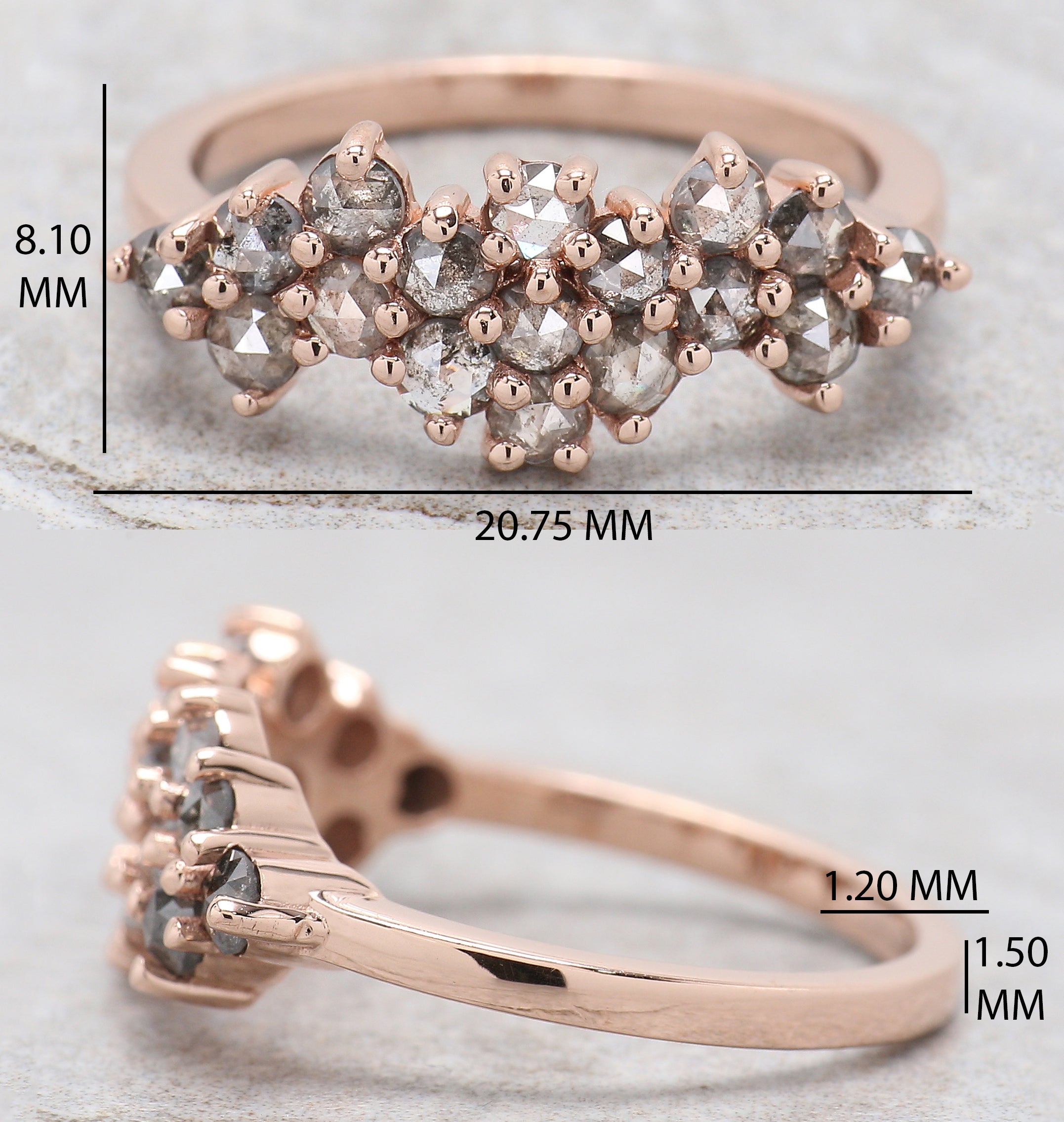 Round Rose Cut Salt And Pepper Diamond Ring 1.09 Ct 2.50 MM Round Diamond Ring 14K Rose Gold Silver Engagement Ring Gift For Her QK1430