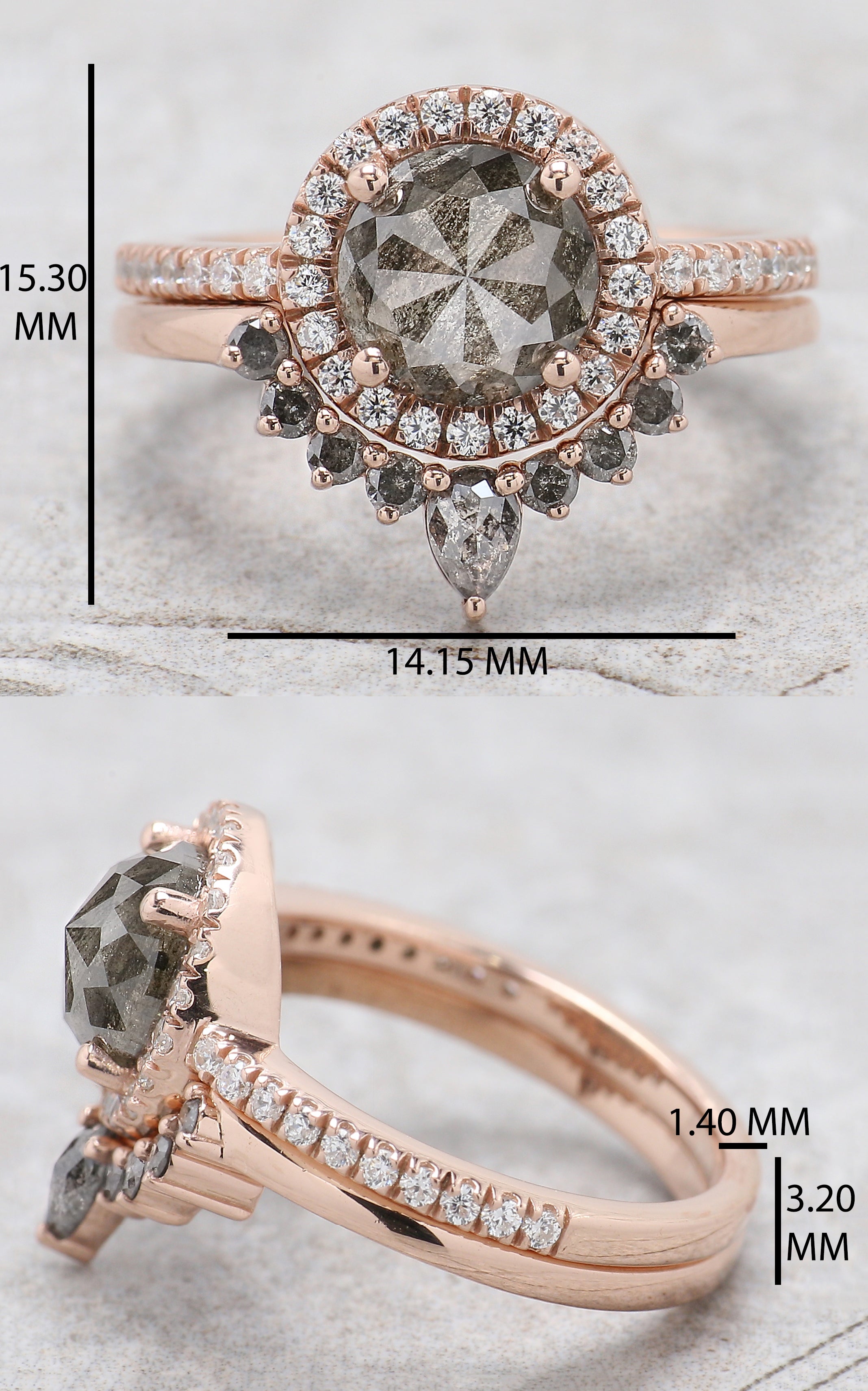 Round Rose Cut Salt And Pepper Diamond Ring 1.69 Ct 7.36 MM Round Diamond Ring 14K Rose Gold Silver Engagement Ring Gift For Her QL1949