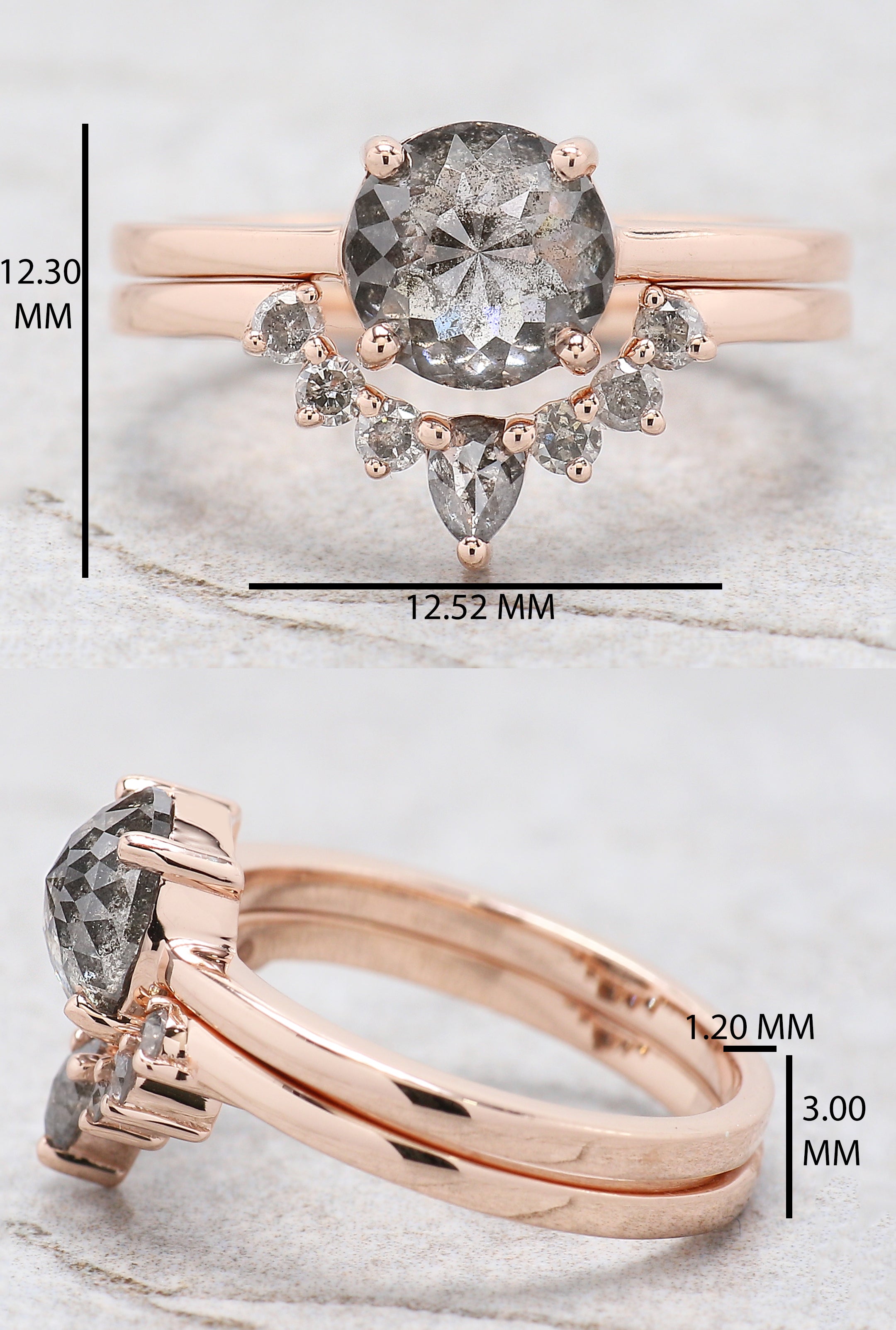 Round Rose Cut Salt And Pepper Diamond Ring 1.57 Ct 7.06 MM Round Diamond Ring 14K Rose Gold Silver Engagement Ring Gift For Her QL9234
